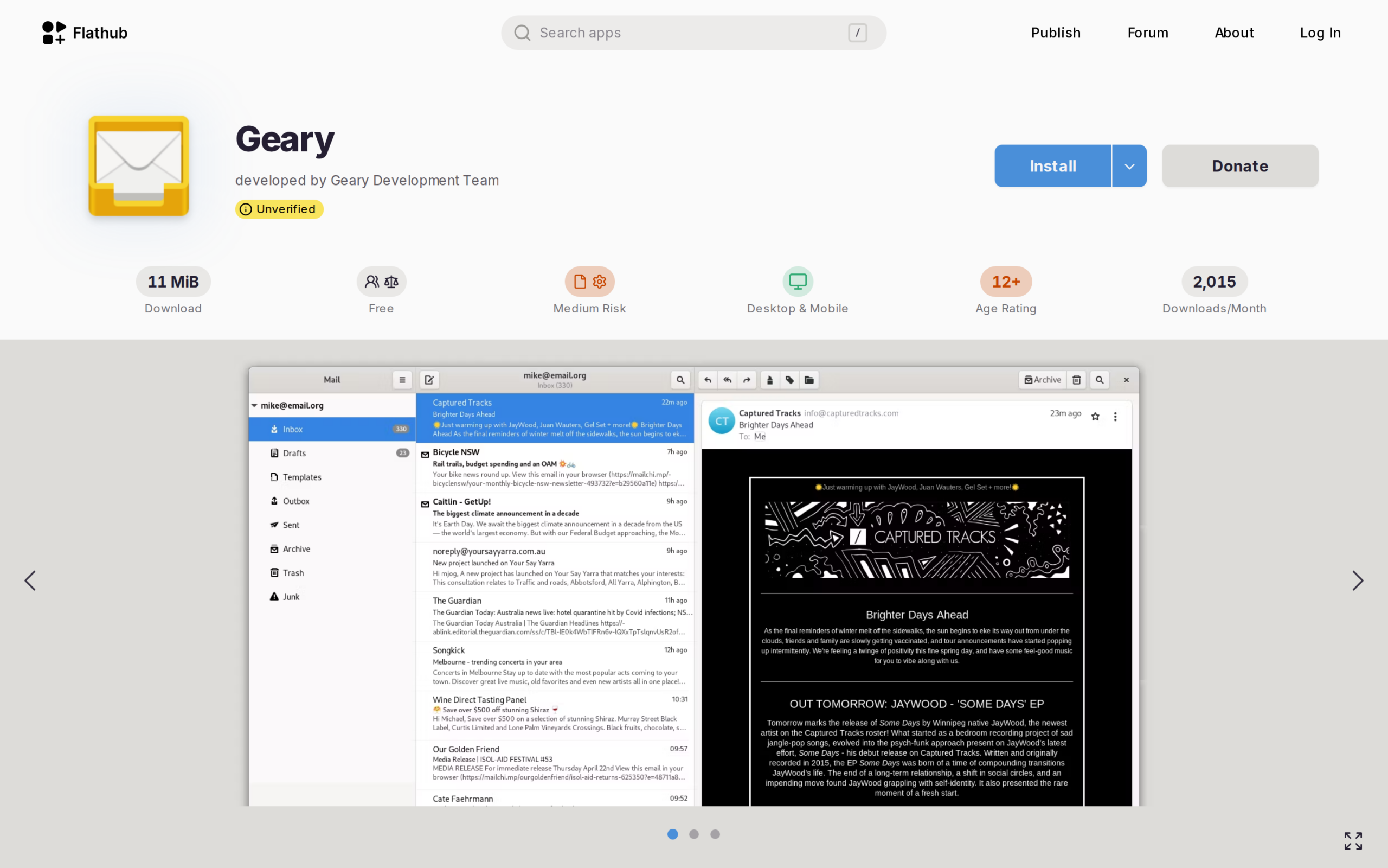 Geary Flathub listing with three-pane mail view screenshot