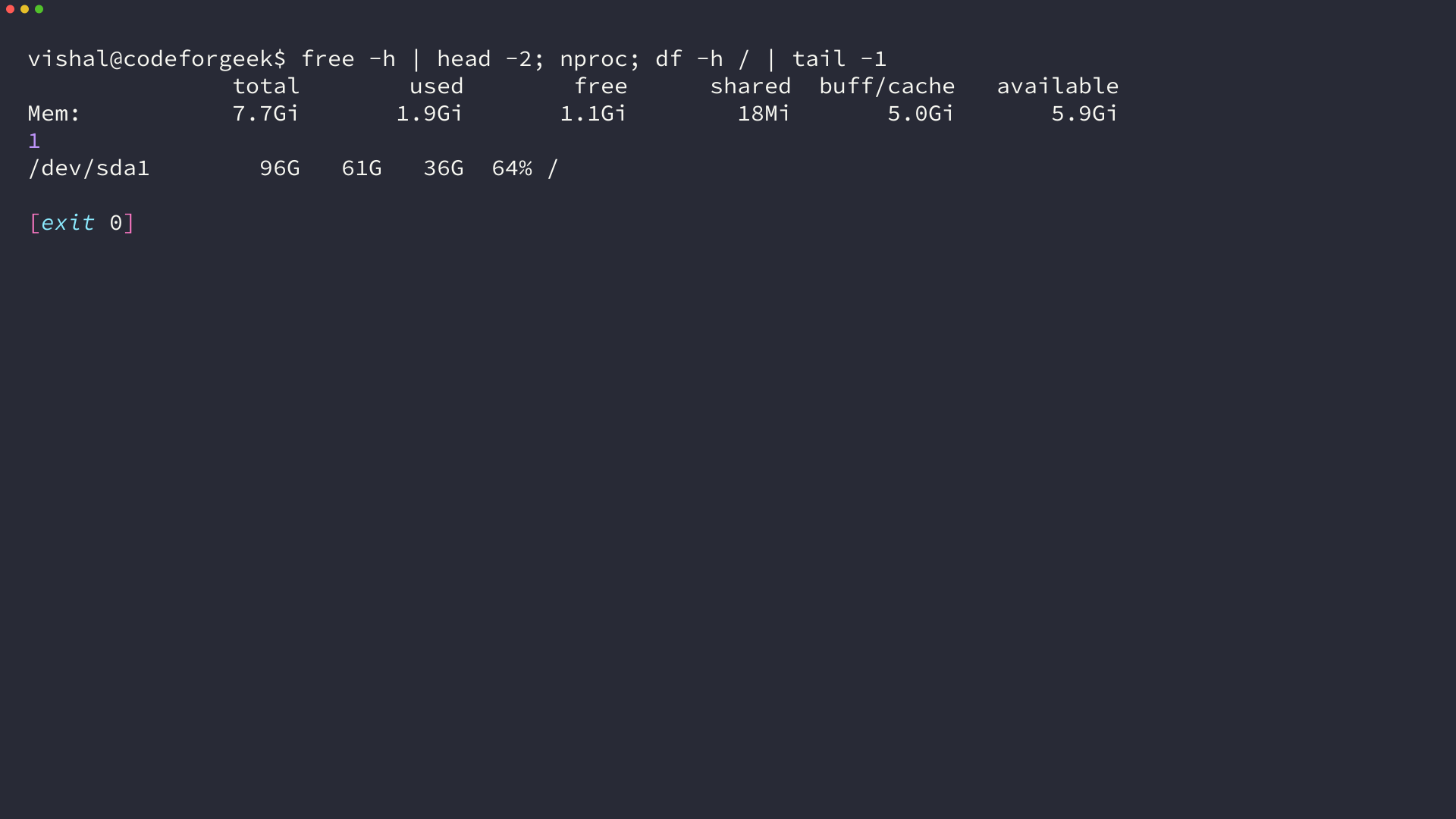 Terminal output showing free -h memory, processor count and free disk space on the machine used for these tests