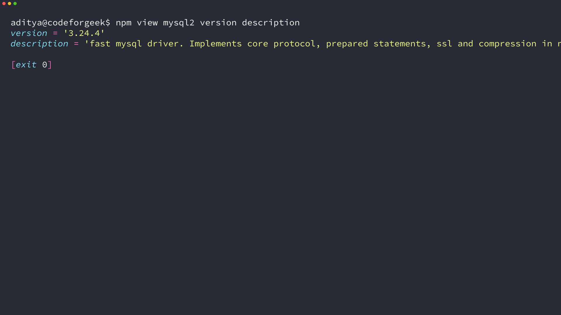 npm view mysql2 shows version 3.24.4 and description