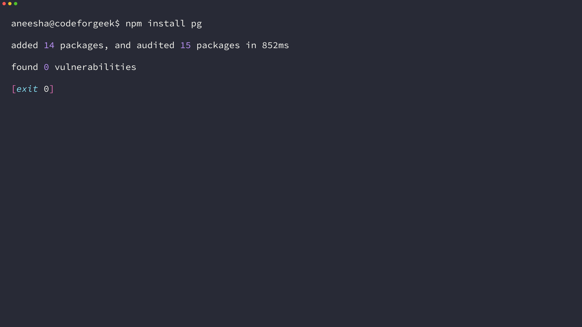 Terminal showing npm install pg reporting added 14 packages and zero vulnerabilities