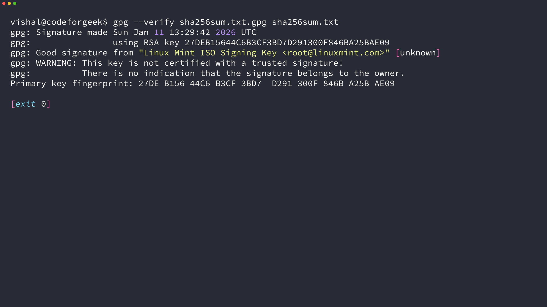 Terminal output of gpg --verify reporting a good signature from the Linux Mint ISO Signing Key