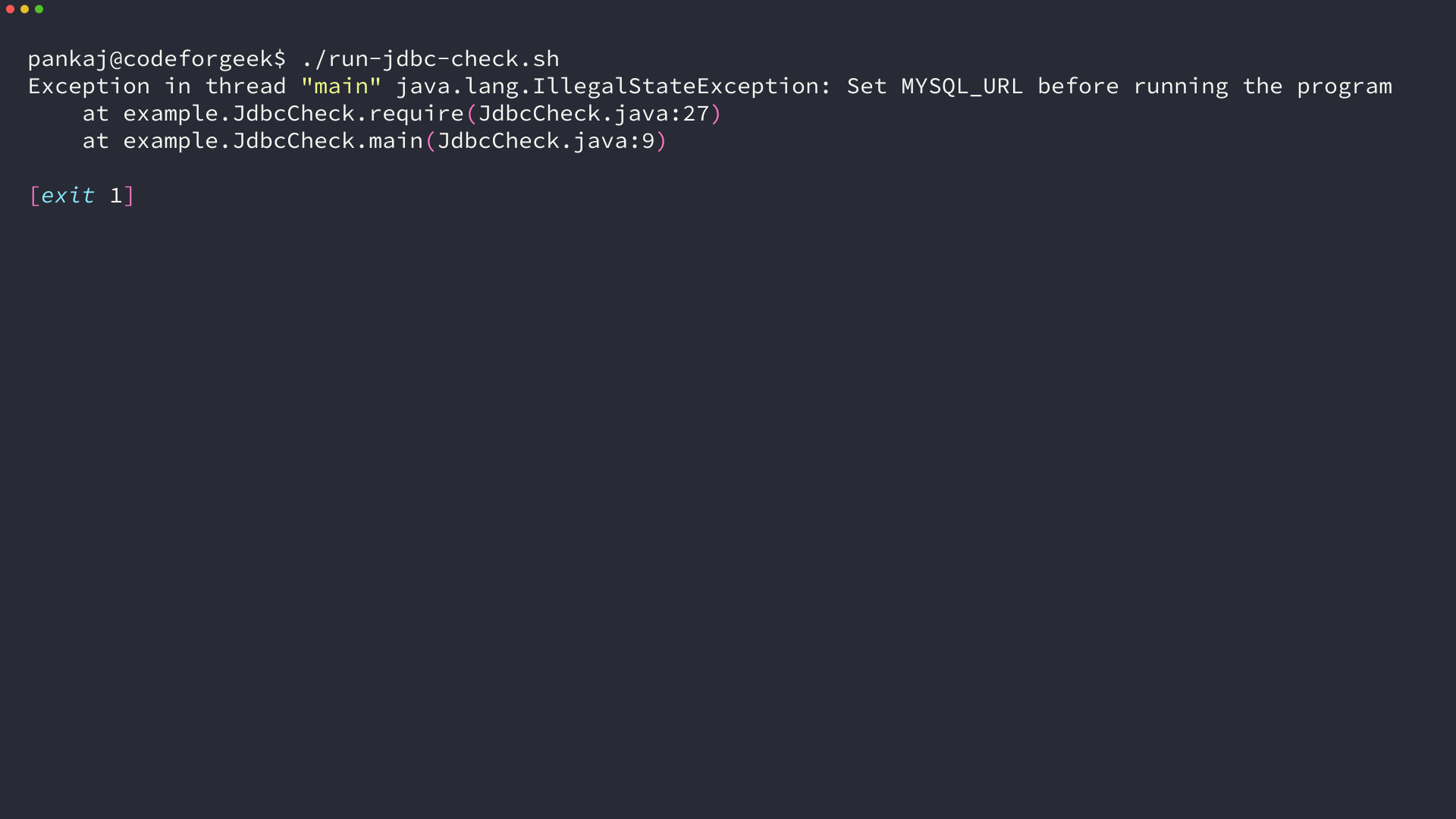 Terminal output showing Java stopping because MYSQL_URL is missing