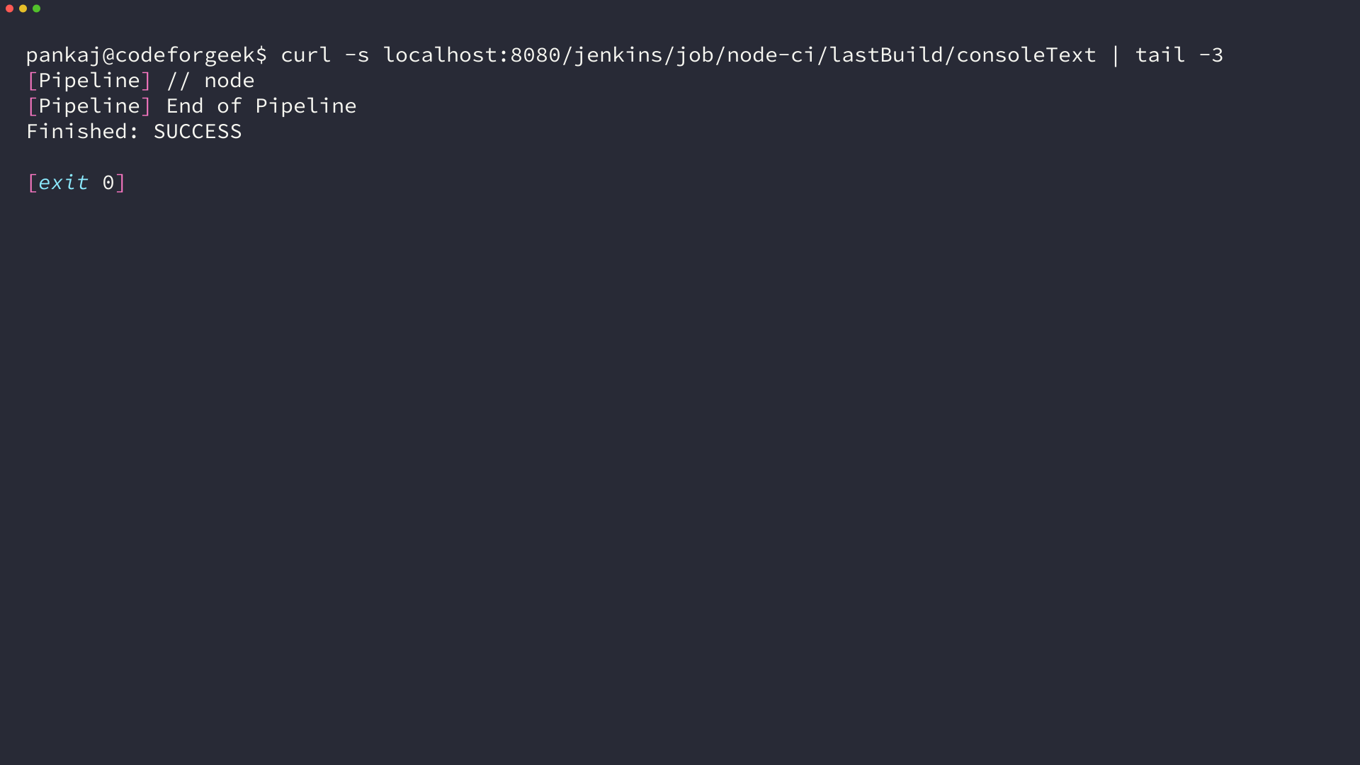 Jenkins console output for build 1 of the node-ci pipeline ending in Finished SUCCESS