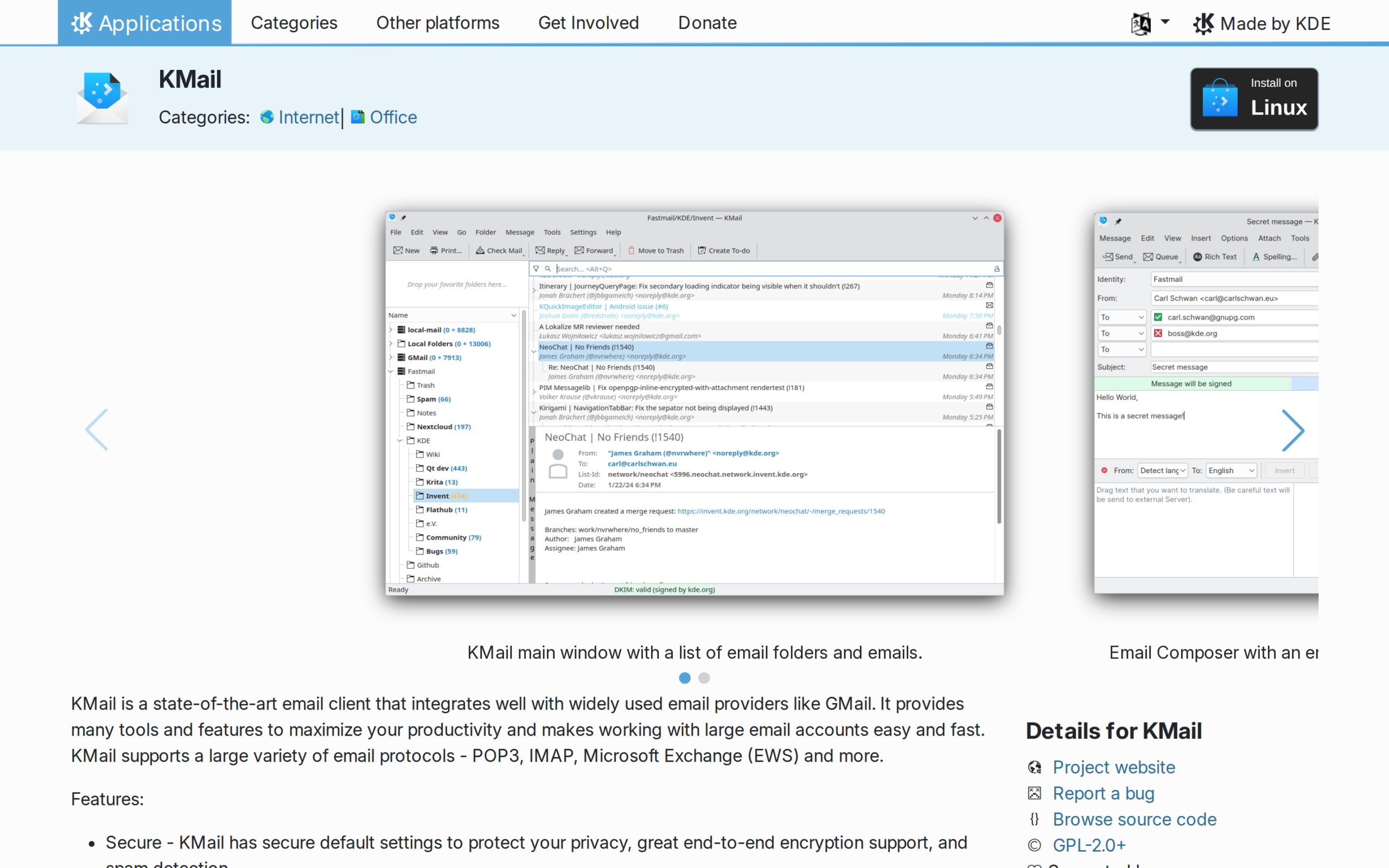 KDE KMail page gallery with mail and message composer screenshots