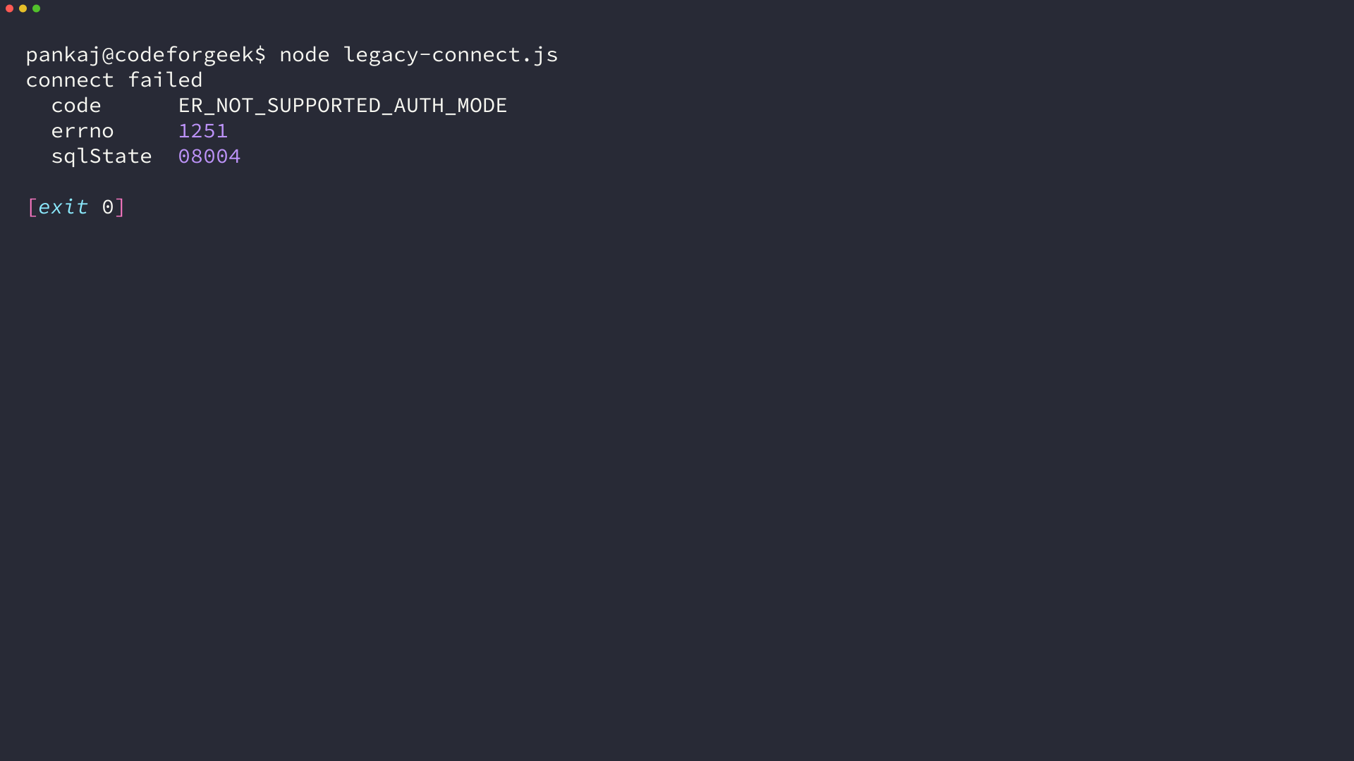 Node.js terminal output showing ER_NOT_SUPPORTED_AUTH_MODE when the mysql package connects to MySQL 8.4.11