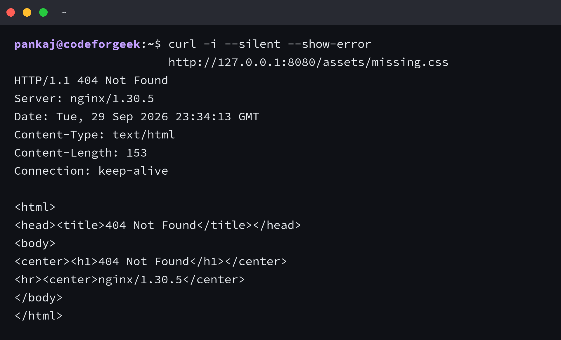 Terminal output from NGINX 1.30.5 showing HTTP 404 for a missing asset