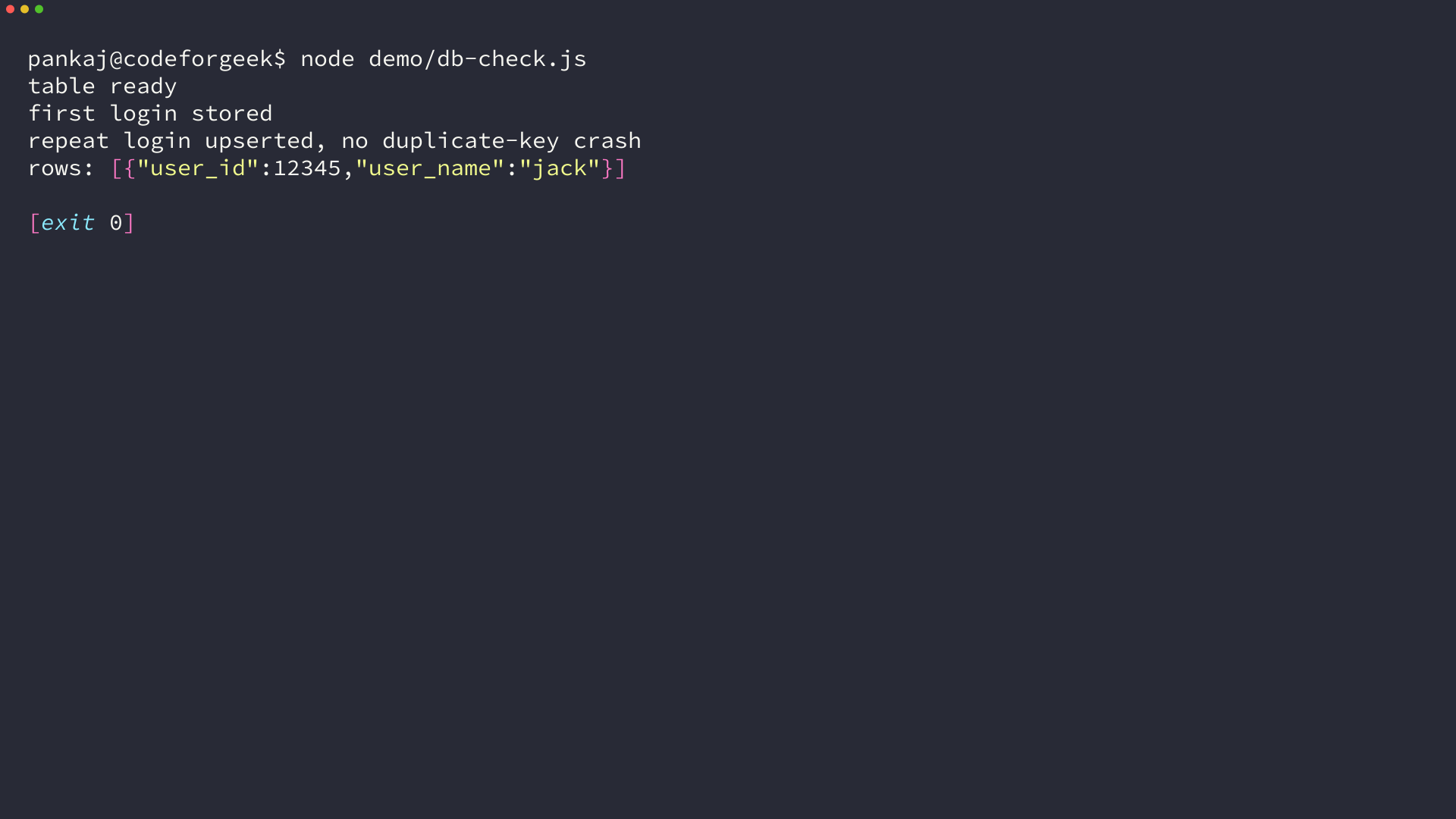 Terminal output showing the user table insert and repeat-login upsert succeeding