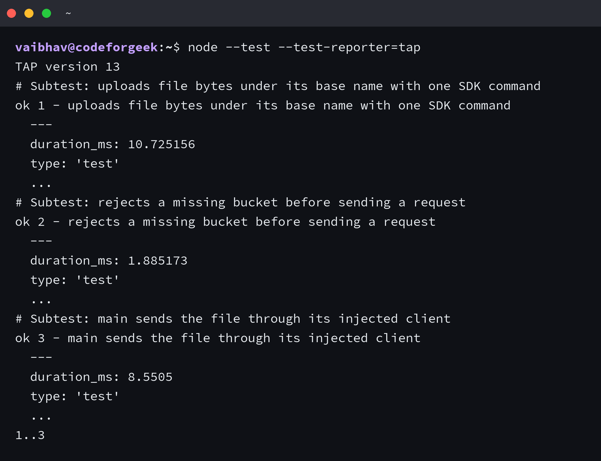 Node.js test output showing three passing local AWS SDK command tests