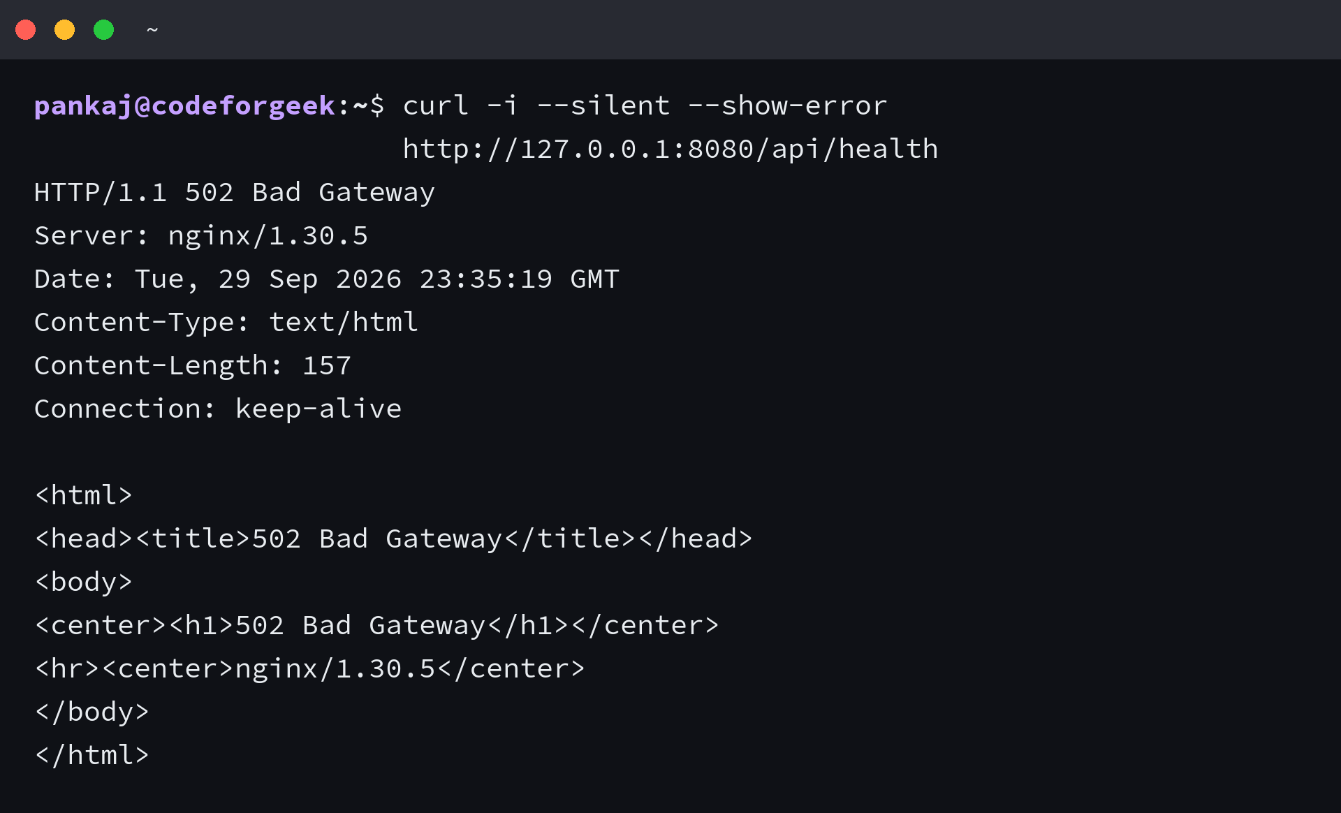 Terminal output from NGINX 1.30.5 showing HTTP 502 when the Node.js listener is unavailable