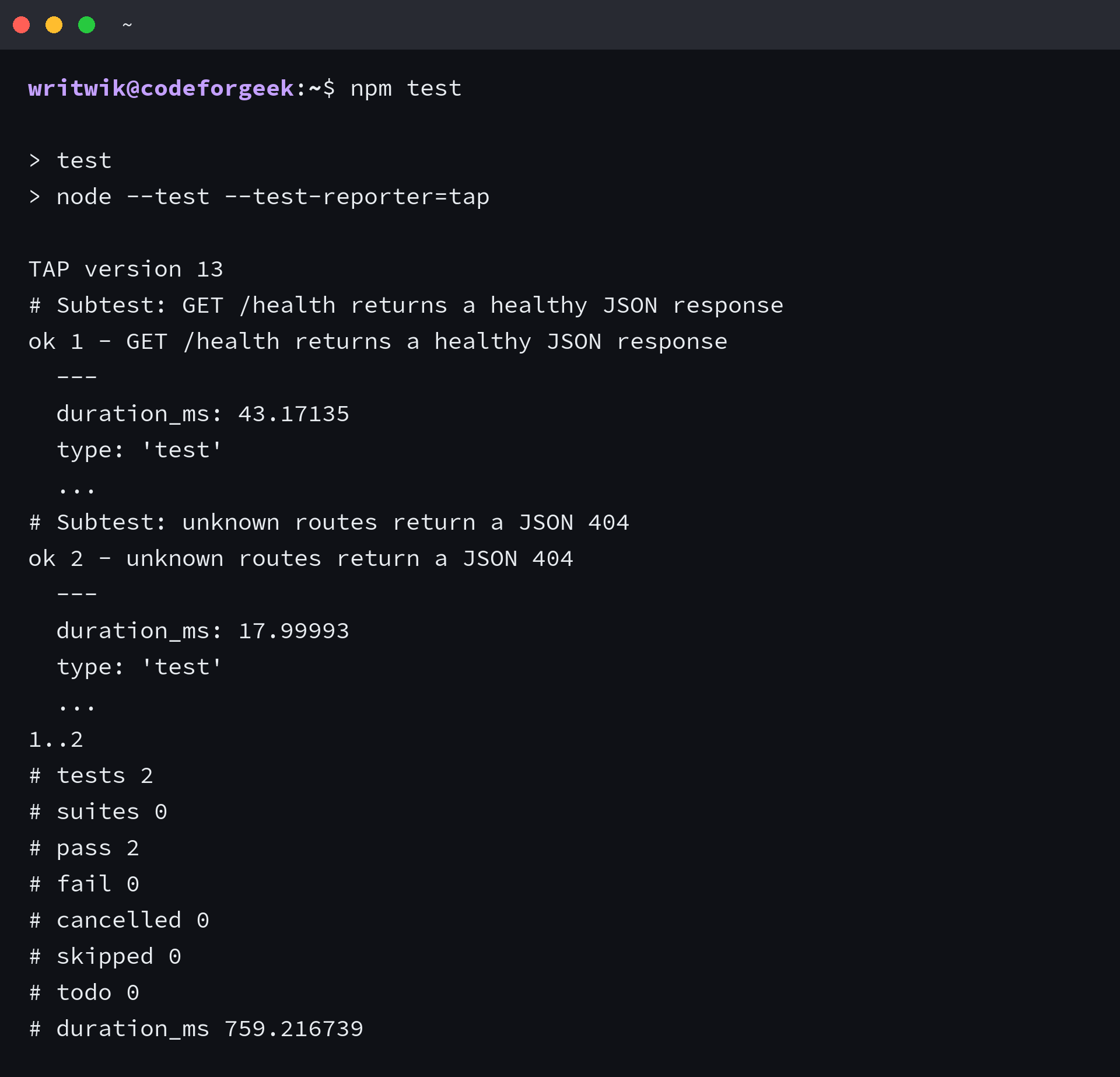 TAP output from npm test showing two passing Node.js HTTP tests