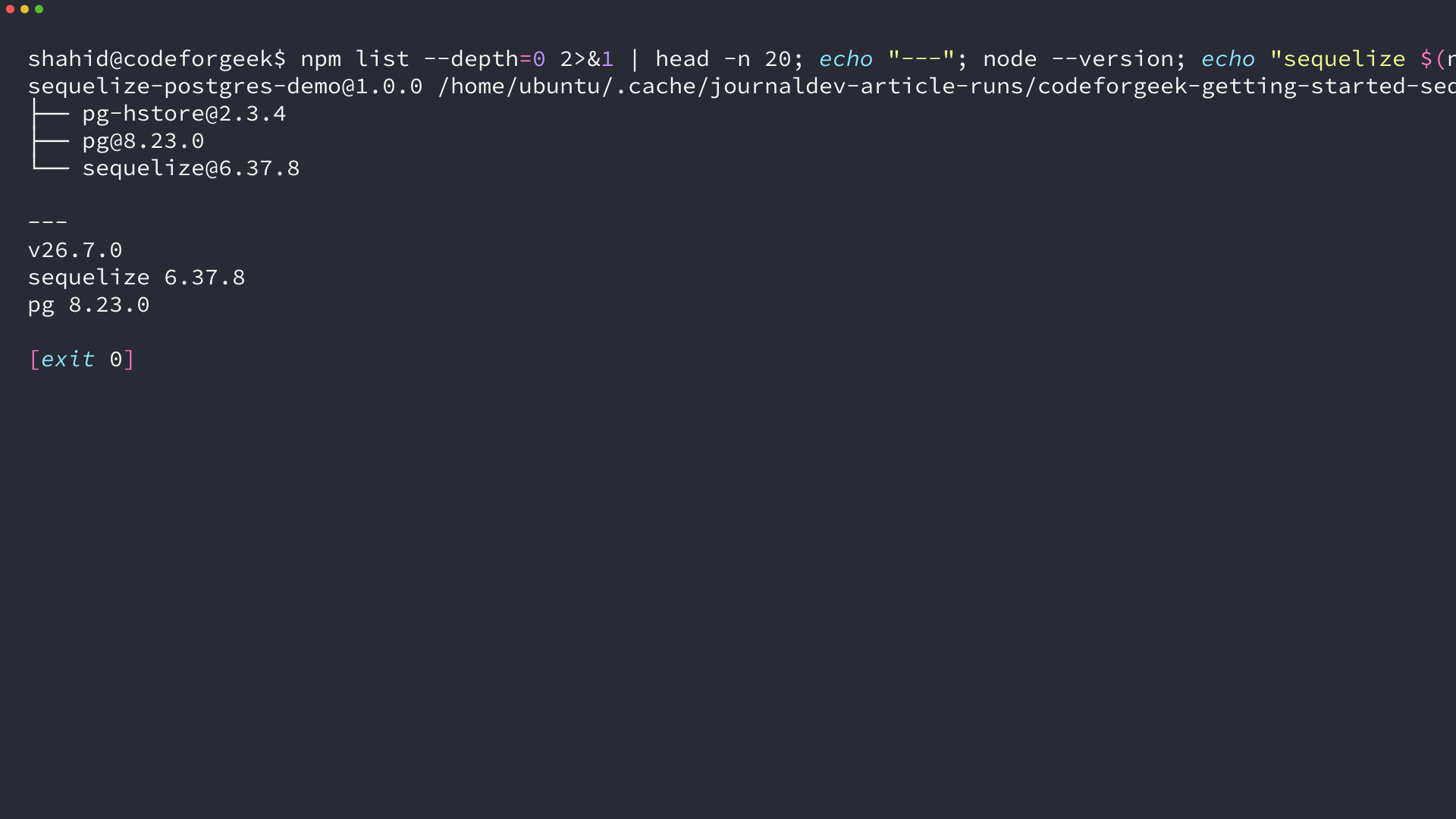 Terminal showing npm list with sequelize 6.37.8 and pg 8.23.0 installed