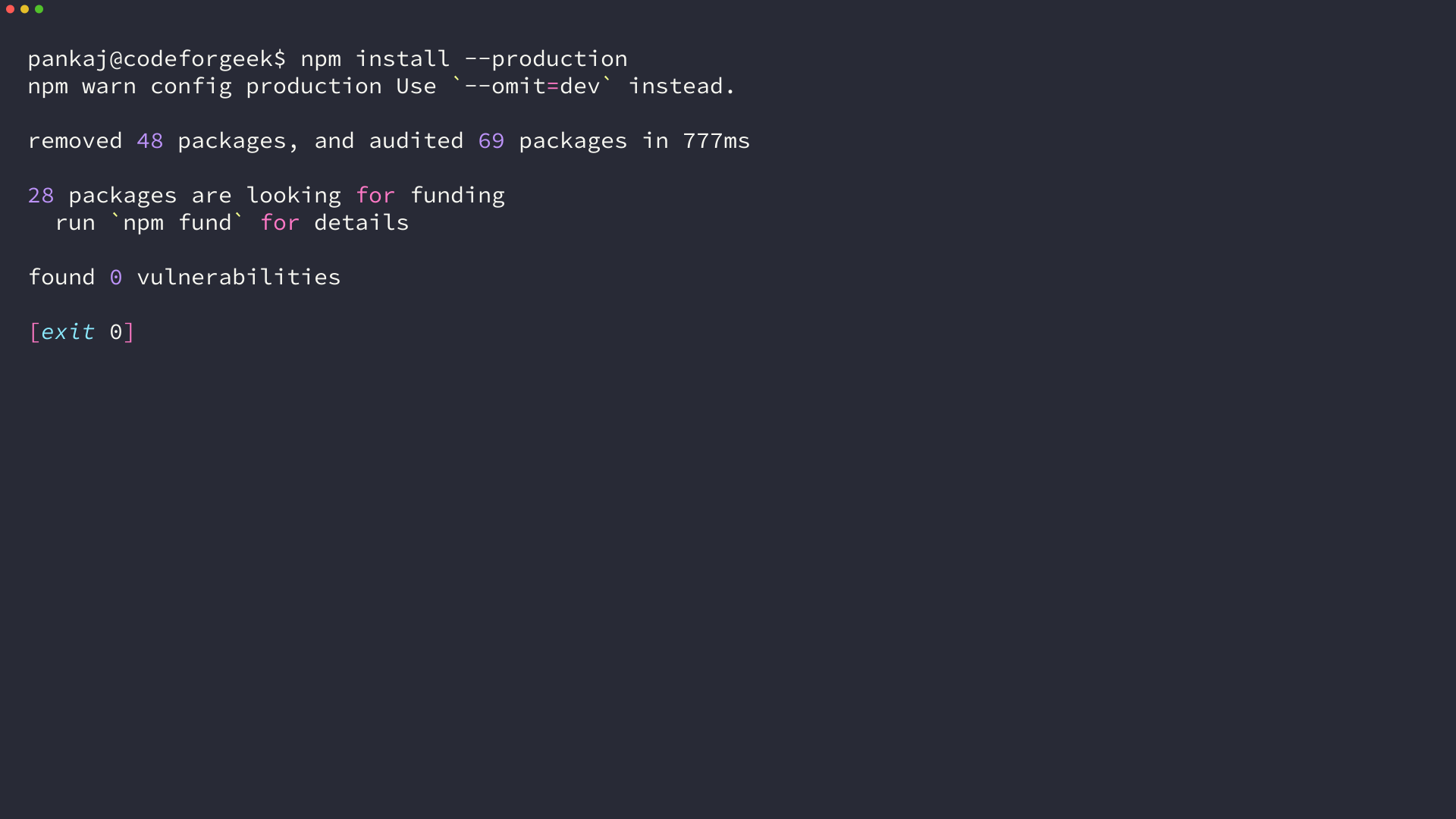 Terminal running npm install --production, printing the warning that says to use --omit=dev instead