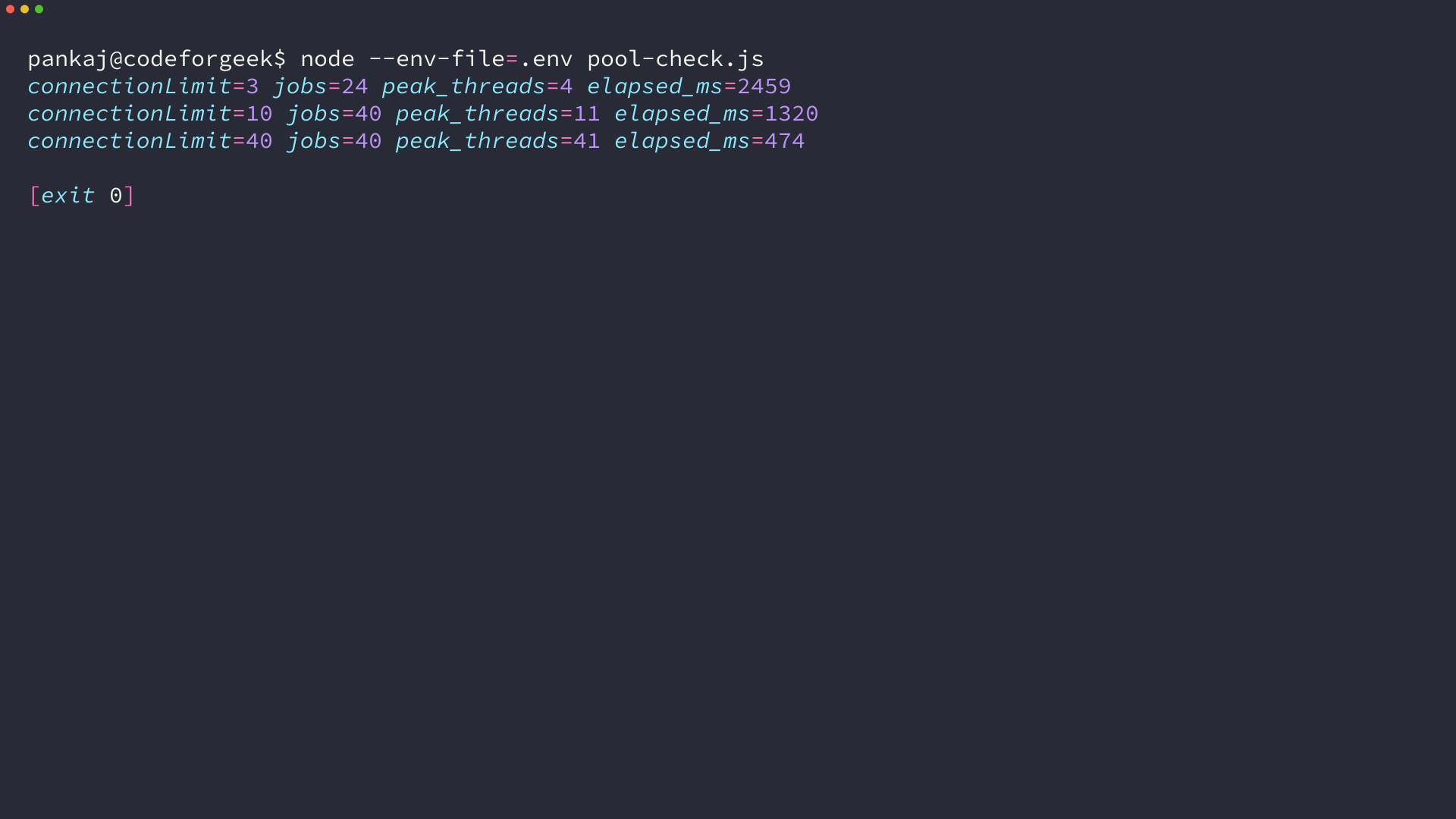 Terminal output showing peak MySQL threads at pool connection limits of 3, 10, and 40