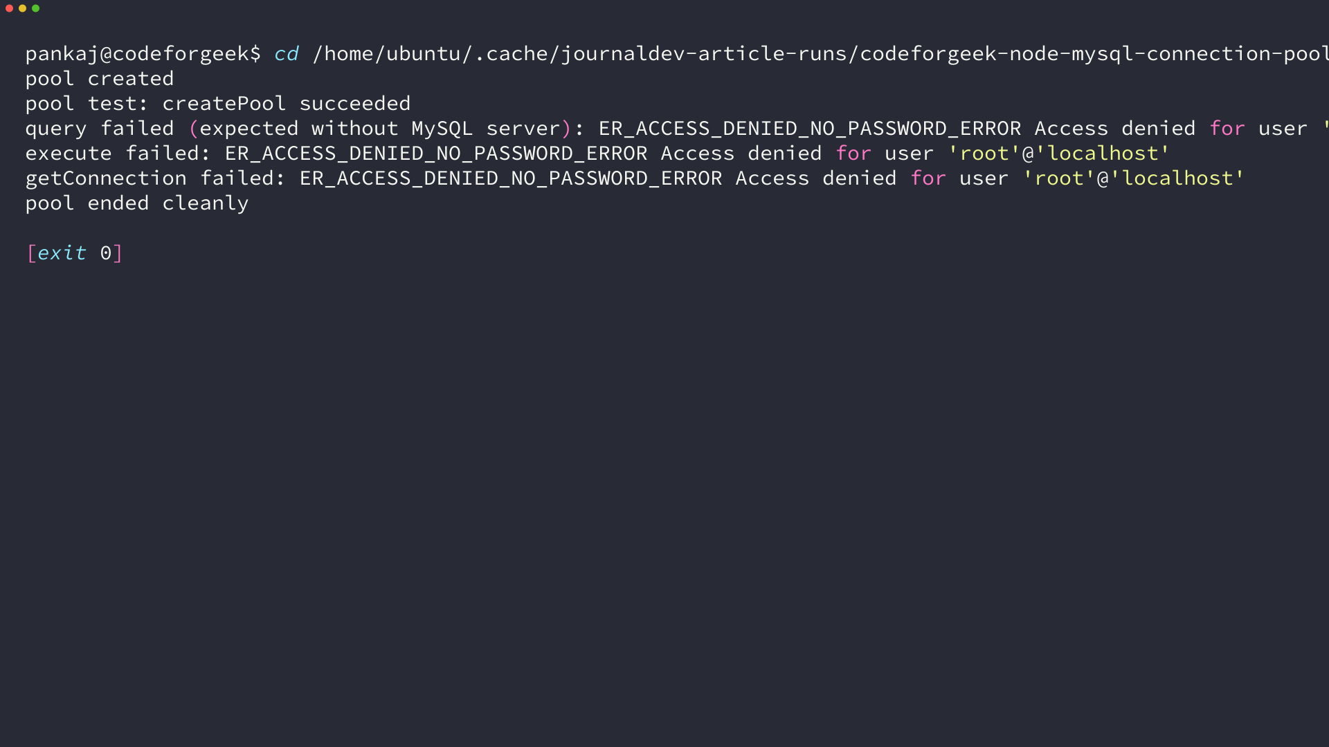 mysql2 pool execution showing pool creation and access denied error handling
