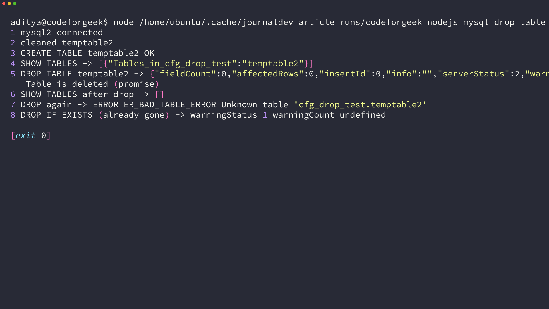 mysql2 promise DROP TABLE with async await showing the same lifecycle without callback nesting