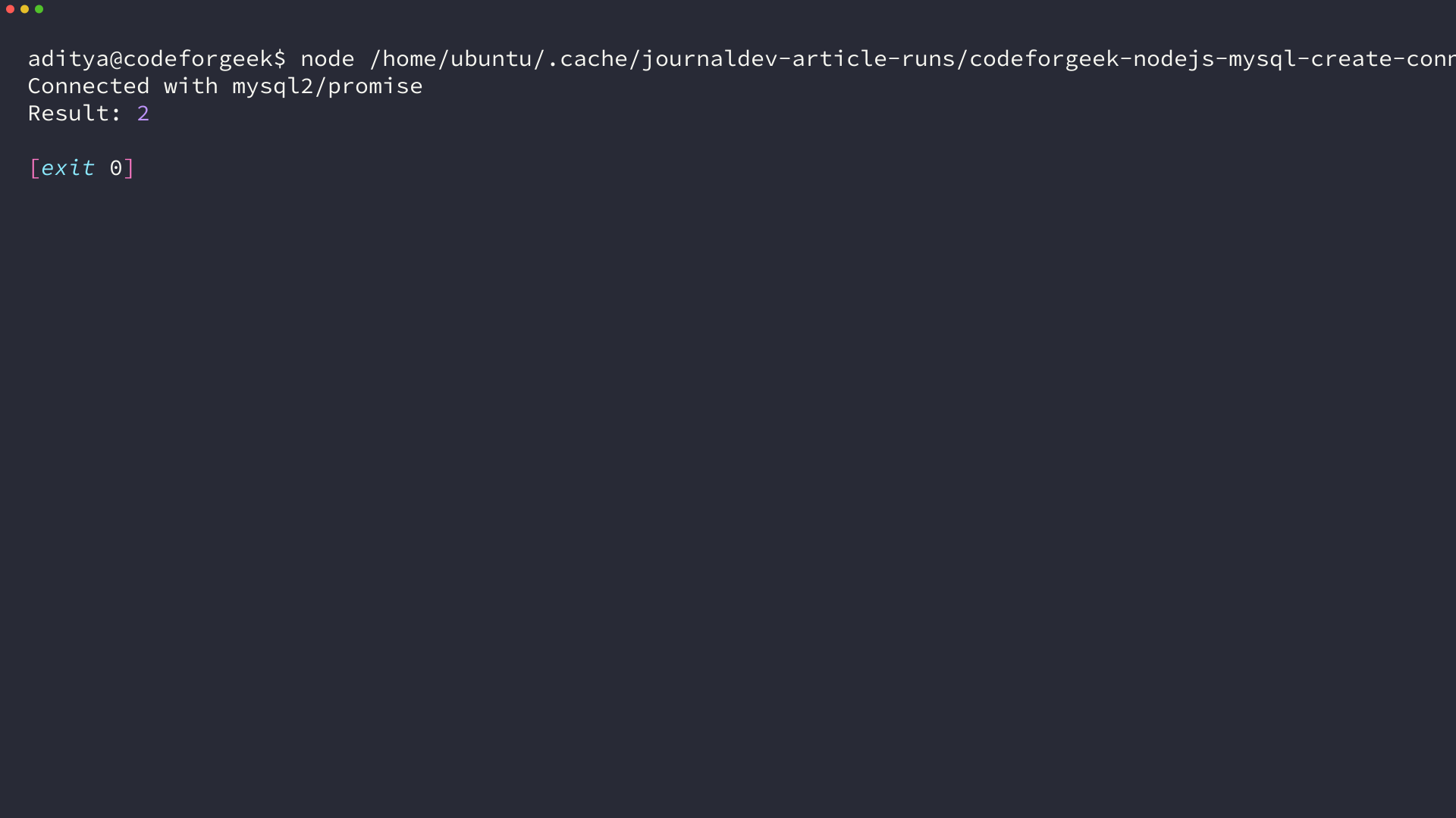 Terminal shows Connected with mysql2/promise and Result 2