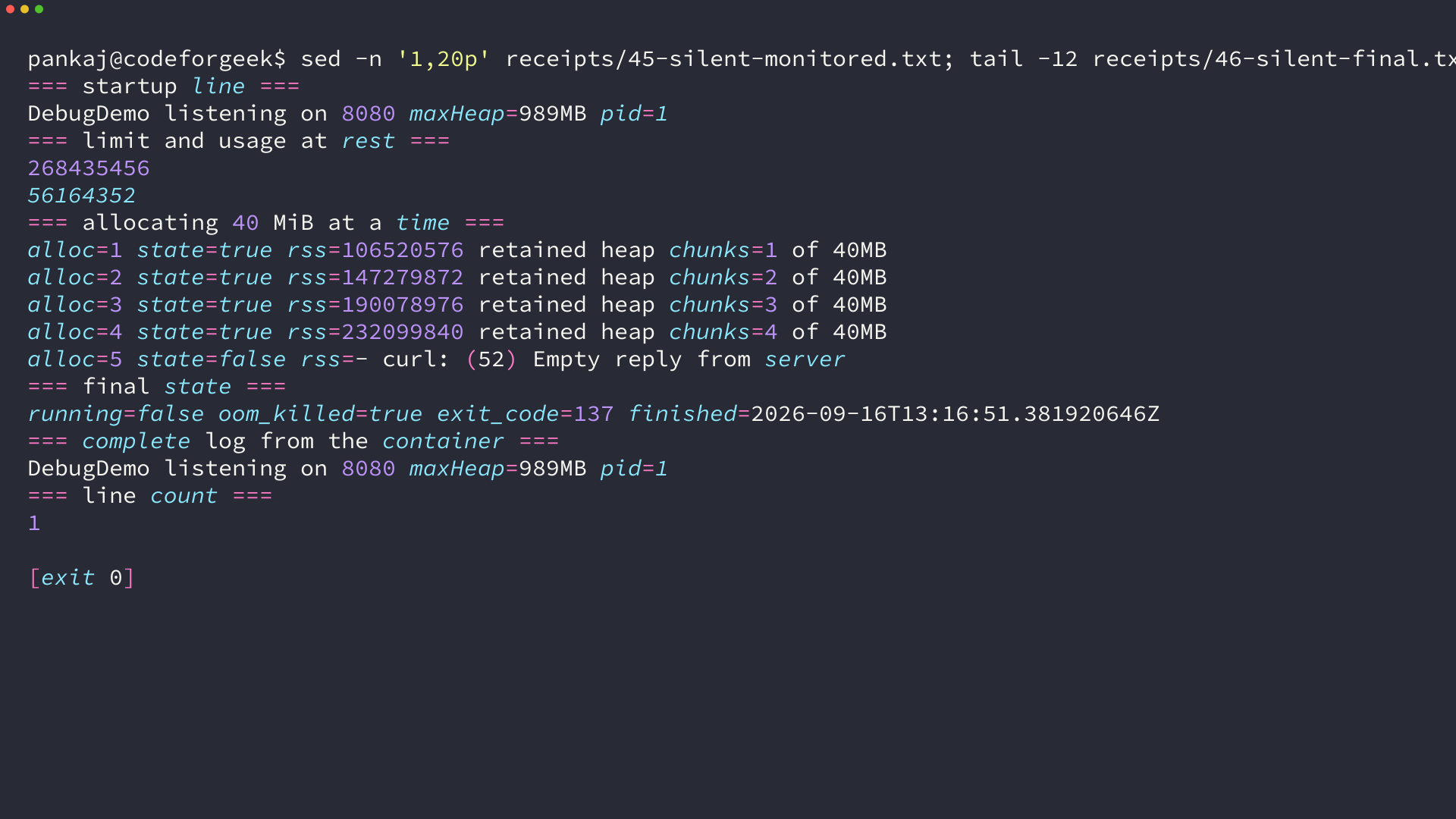 Terminal output showing a 256 MiB container climbing to 232 MB of resident memory, then reporting oom_killed=true and exit code 137 with one line in its log
