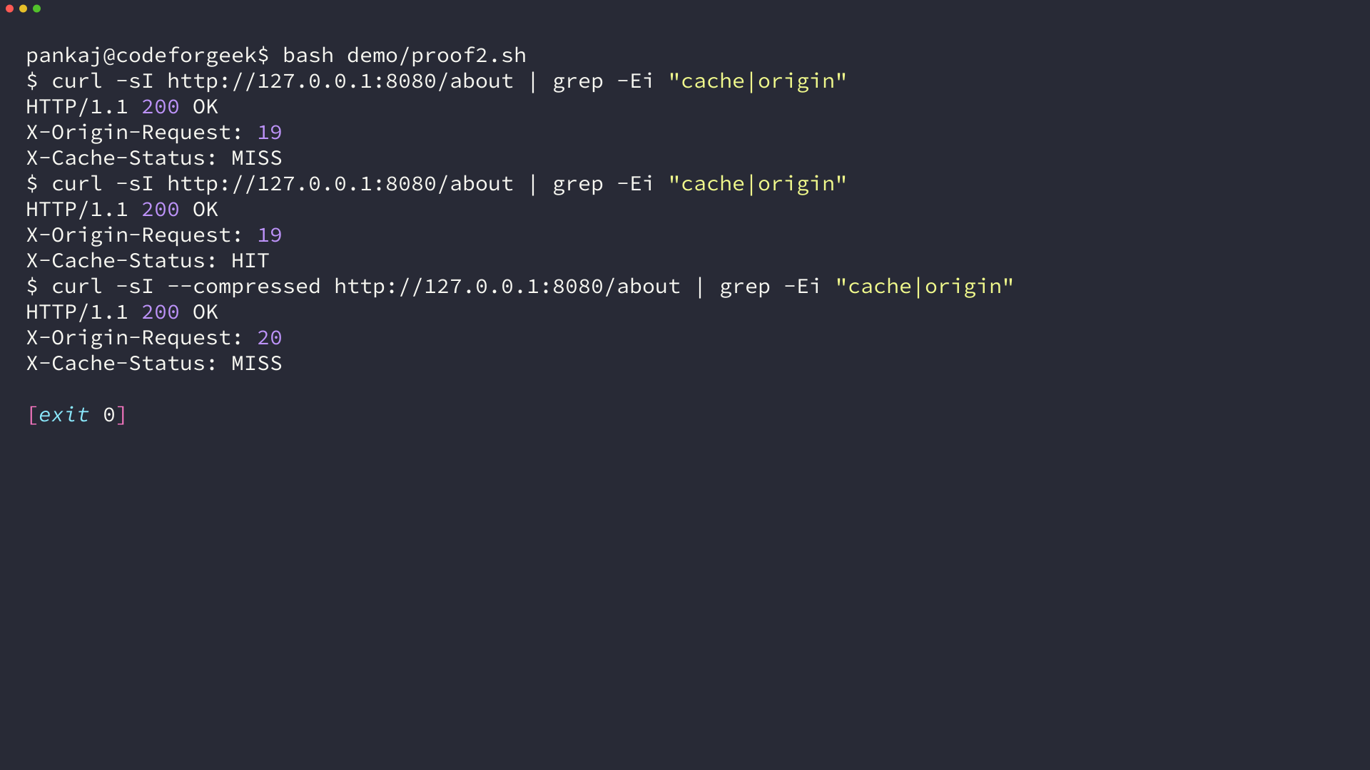 Nginx response headers showing one URL returning X-Cache-Status MISS then HIT for a plain curl, and MISS again for a gzip-capable curl