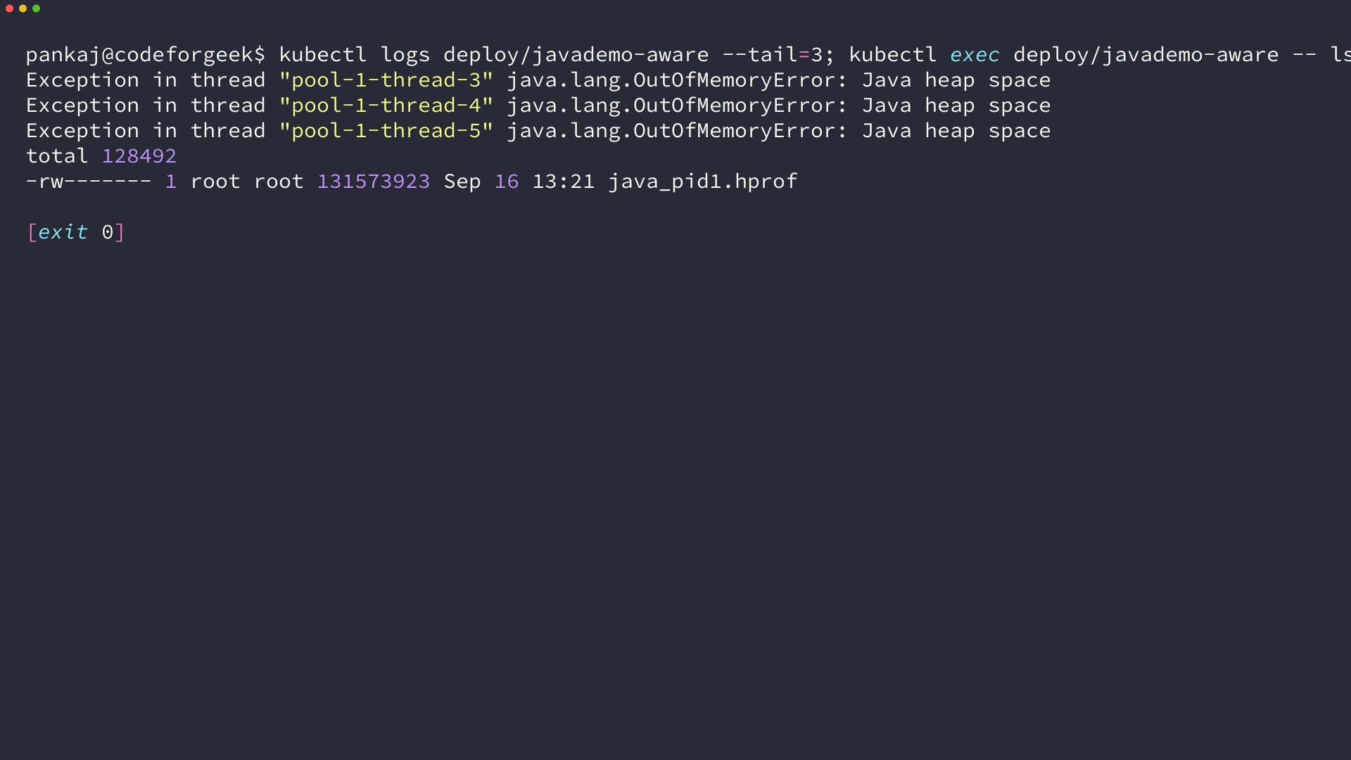 kubectl logs and kubectl exec output from a Kubernetes pod showing OutOfMemoryError lines and a 131 MB heap dump in the mounted volume