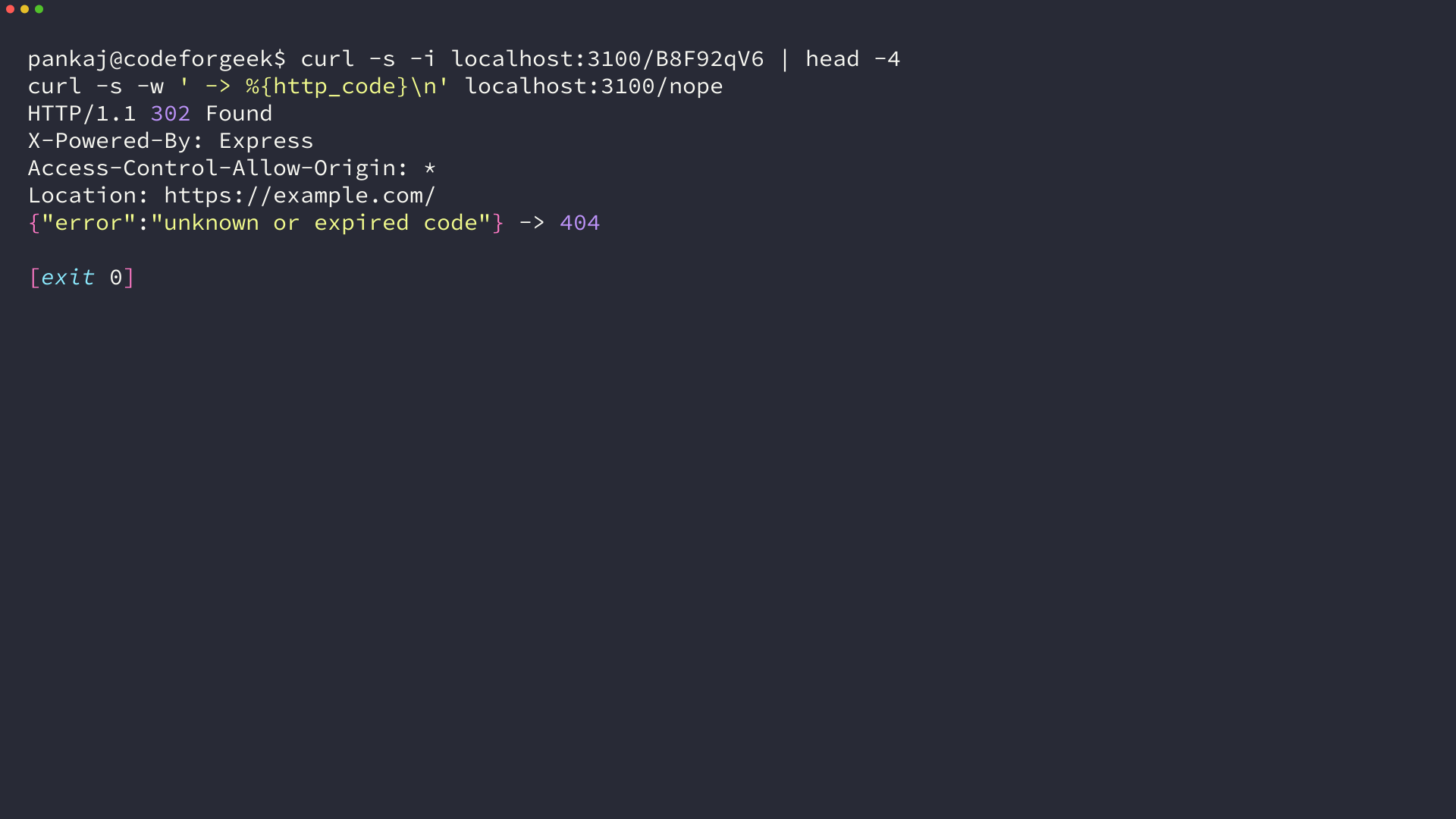 Terminal output showing a 302 response with the target in the Location header and a 404 response for an unknown short code