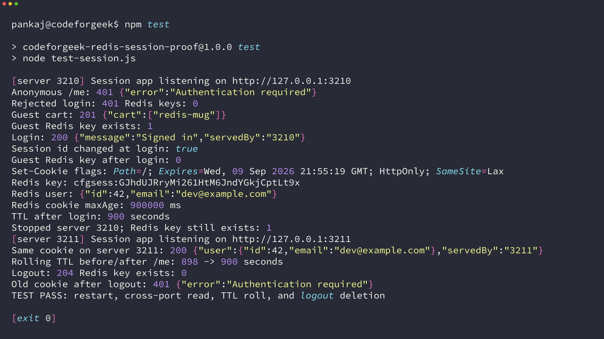 Terminal running the Redis session lifecycle test. It shows login regeneration, a Redis TTL, access from a second Node.js port, TTL renewal, and key deletion on logout.