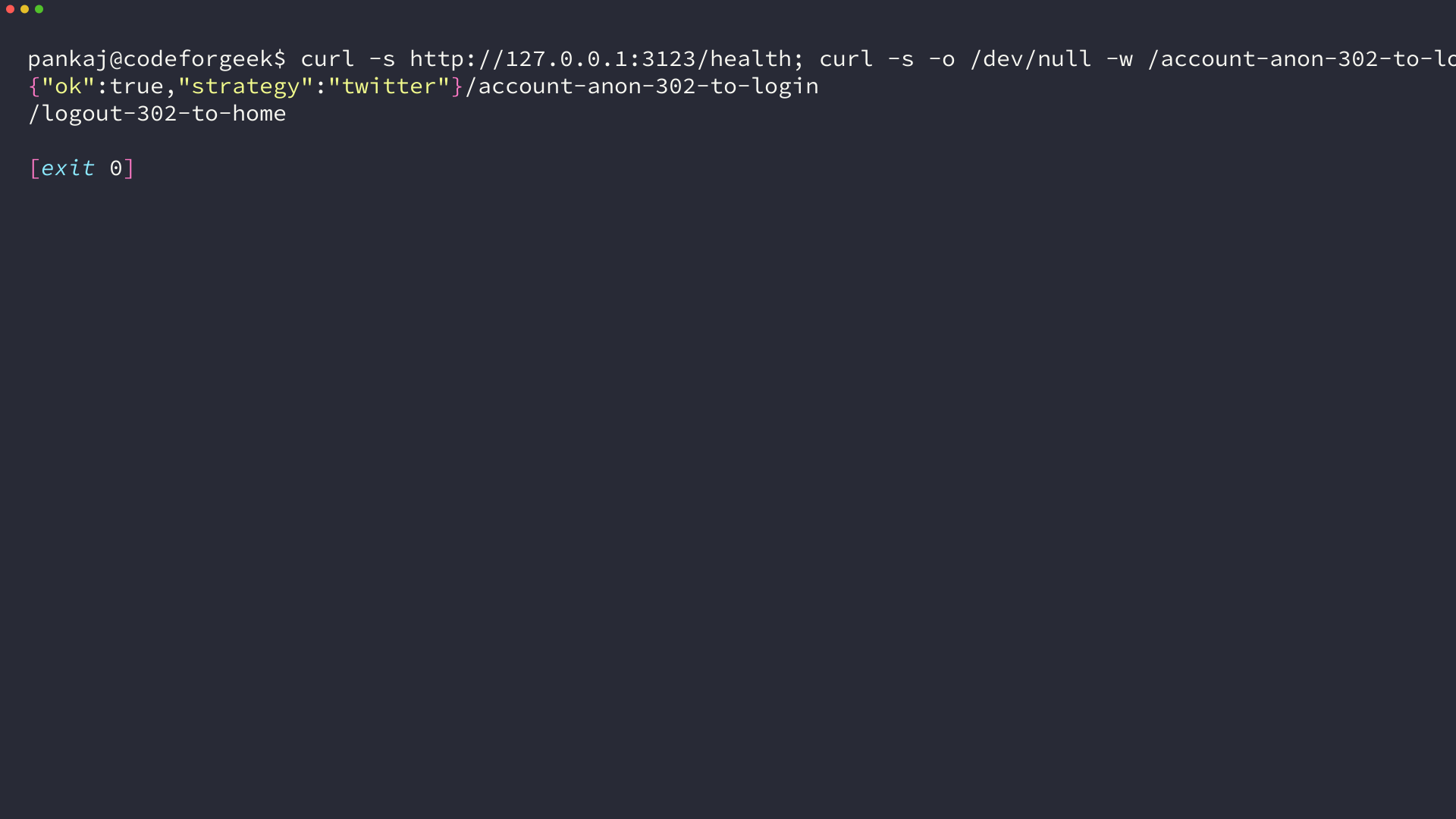 Terminal output confirming the health check and route redirects