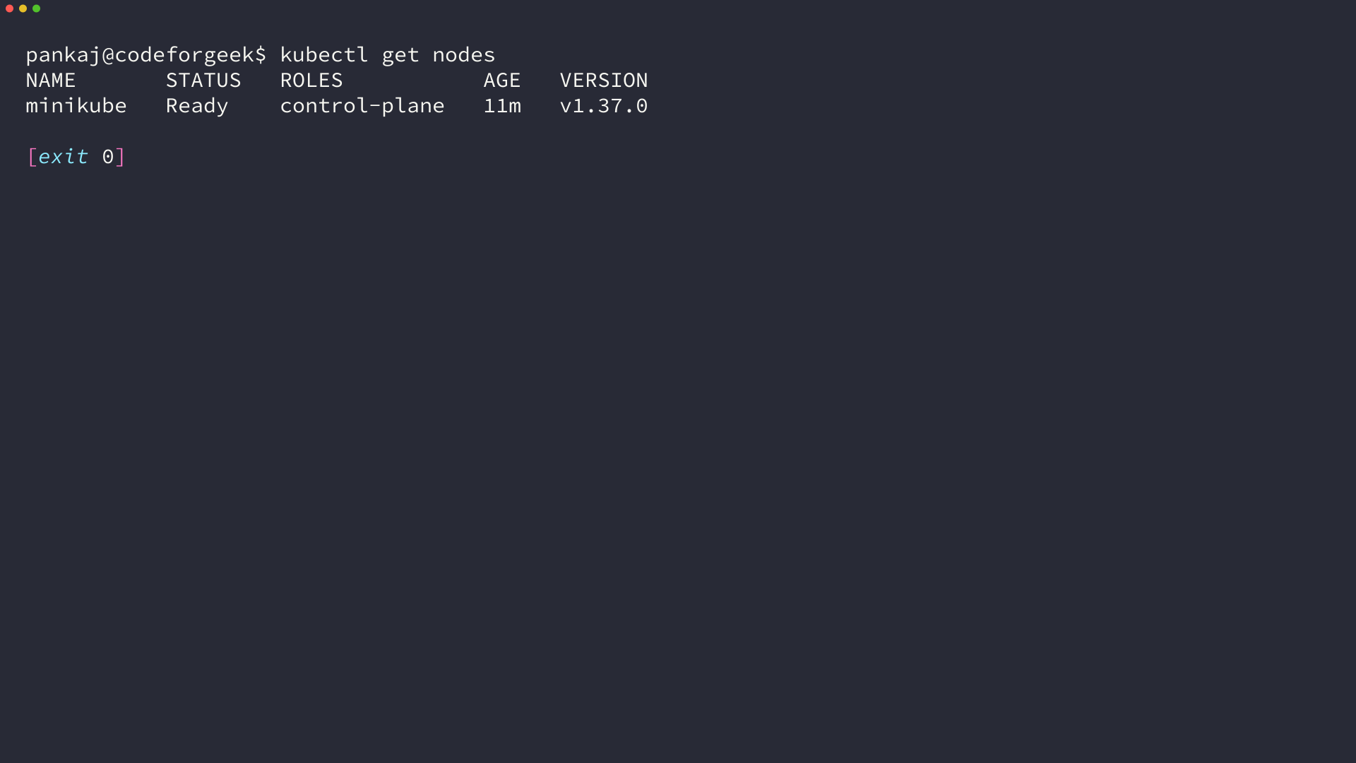 Terminal output of kubectl get nodes showing one minikube node in Ready state with role control-plane on Kubernetes v1.37.0