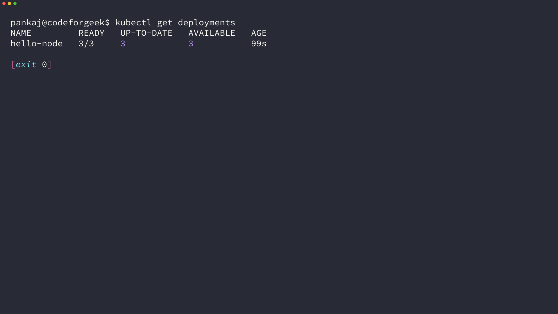 Terminal output of kubectl get deployments showing hello-node at 3 of 3 ready, running the agnhost image