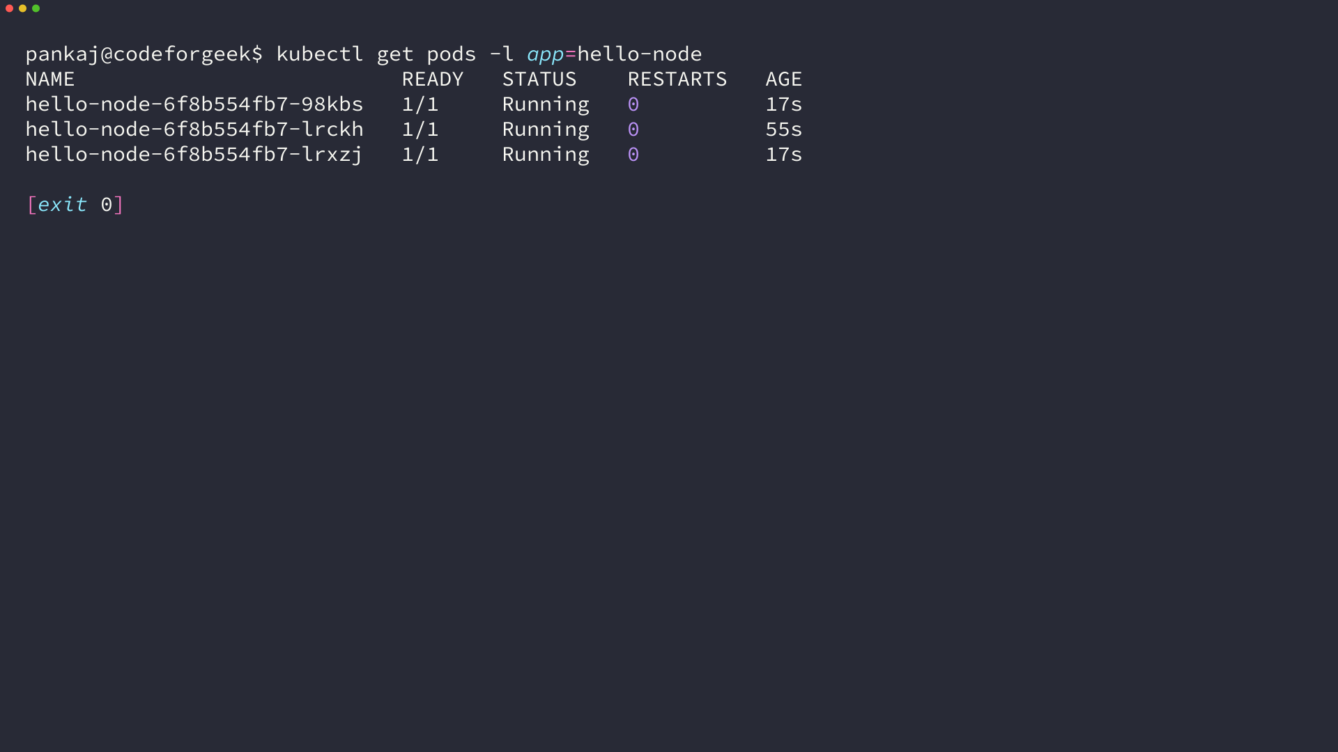 Terminal output of kubectl get pods listing three hello-node pods in Running state on the minikube node