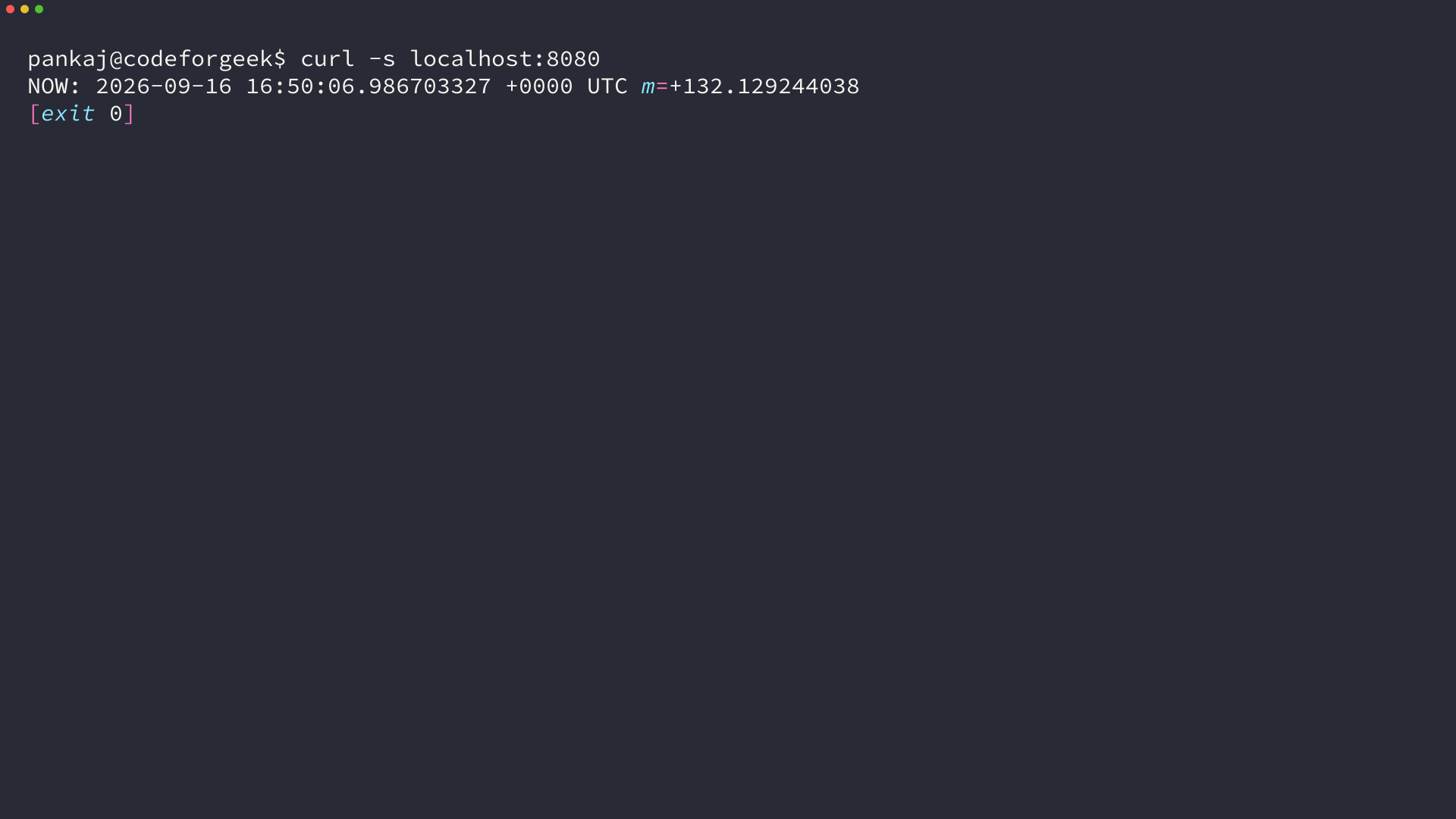 Terminal output of curl against the forwarded hello-node service returning the agnhost server NOW timestamp