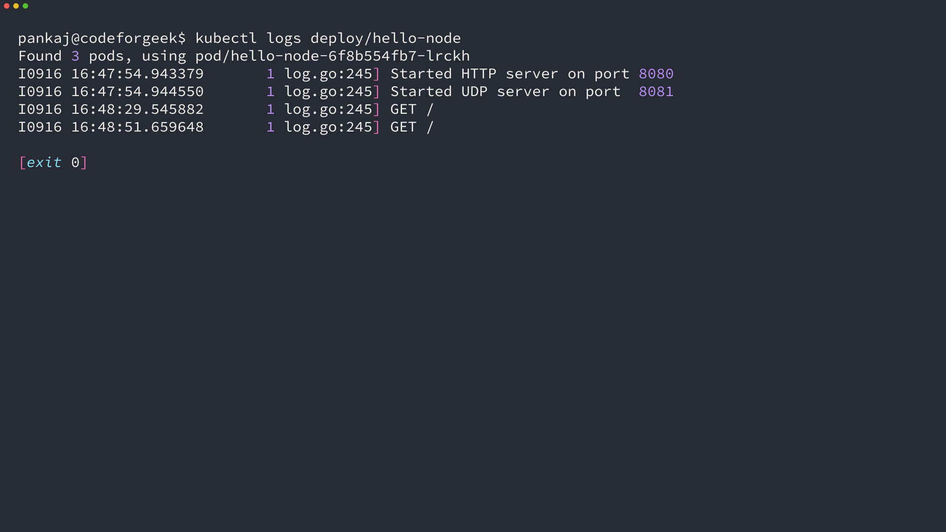 Terminal output of kubectl logs for the hello-node deployment showing the agnhost HTTP server started on port 8080 and the GET requests