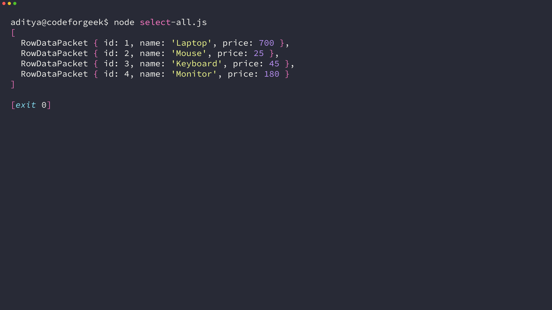 Terminal output of node select-all.js on the CodeForGeek server, user aditya