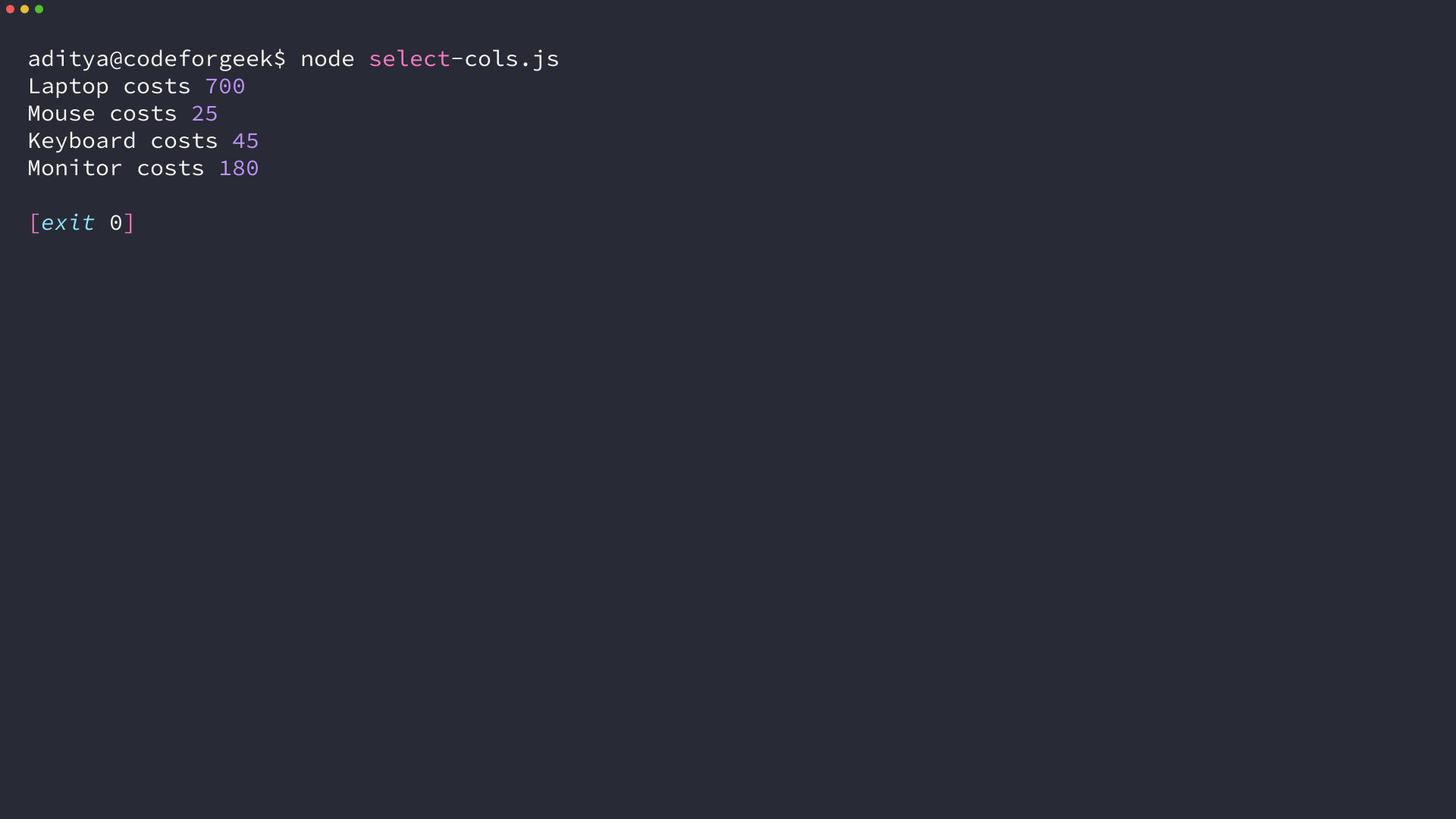 Terminal output of node select-cols.js on the CodeForGeek server, user aditya