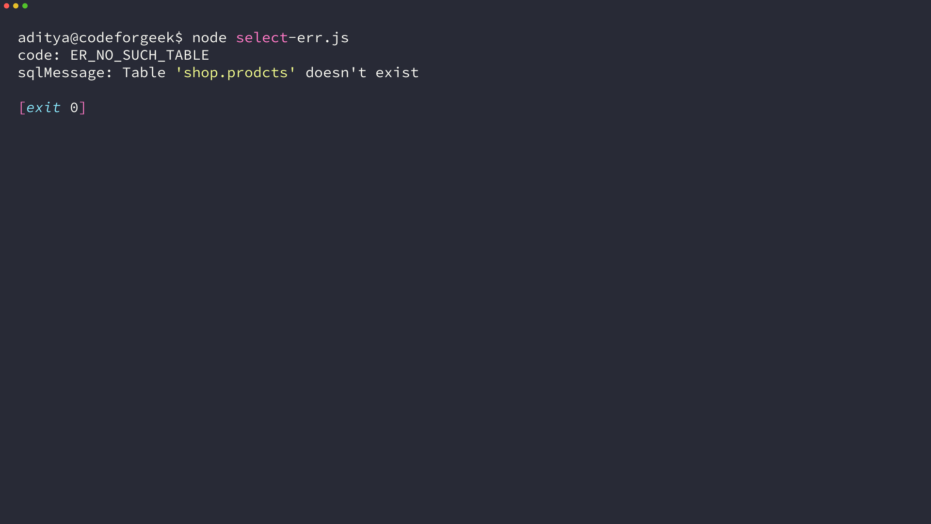 Terminal output of node select-err.js on the CodeForGeek server, user aditya