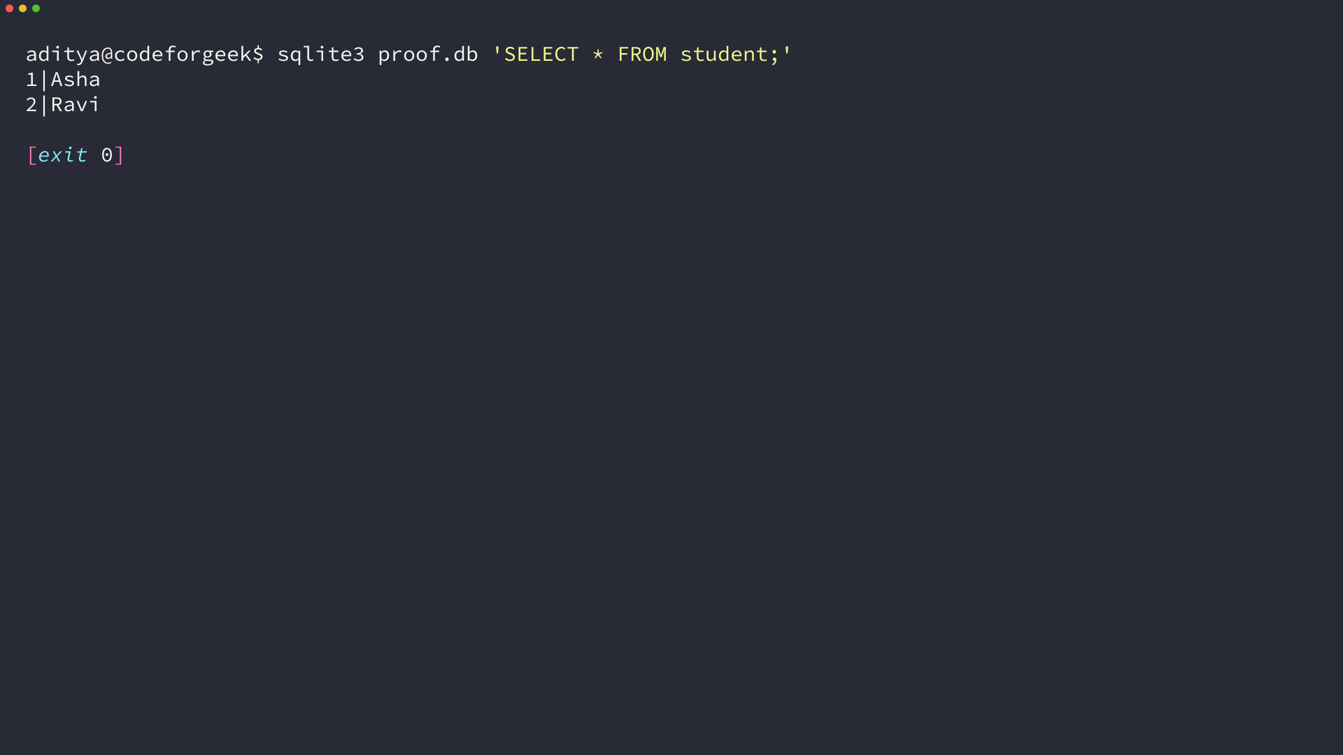 Terminal showing a SQLite SELECT query returning two student rows