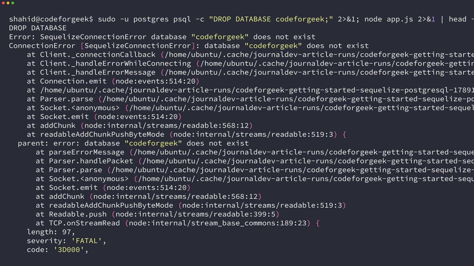 Terminal showing SequelizeConnectionError database codeforgeek does not exist