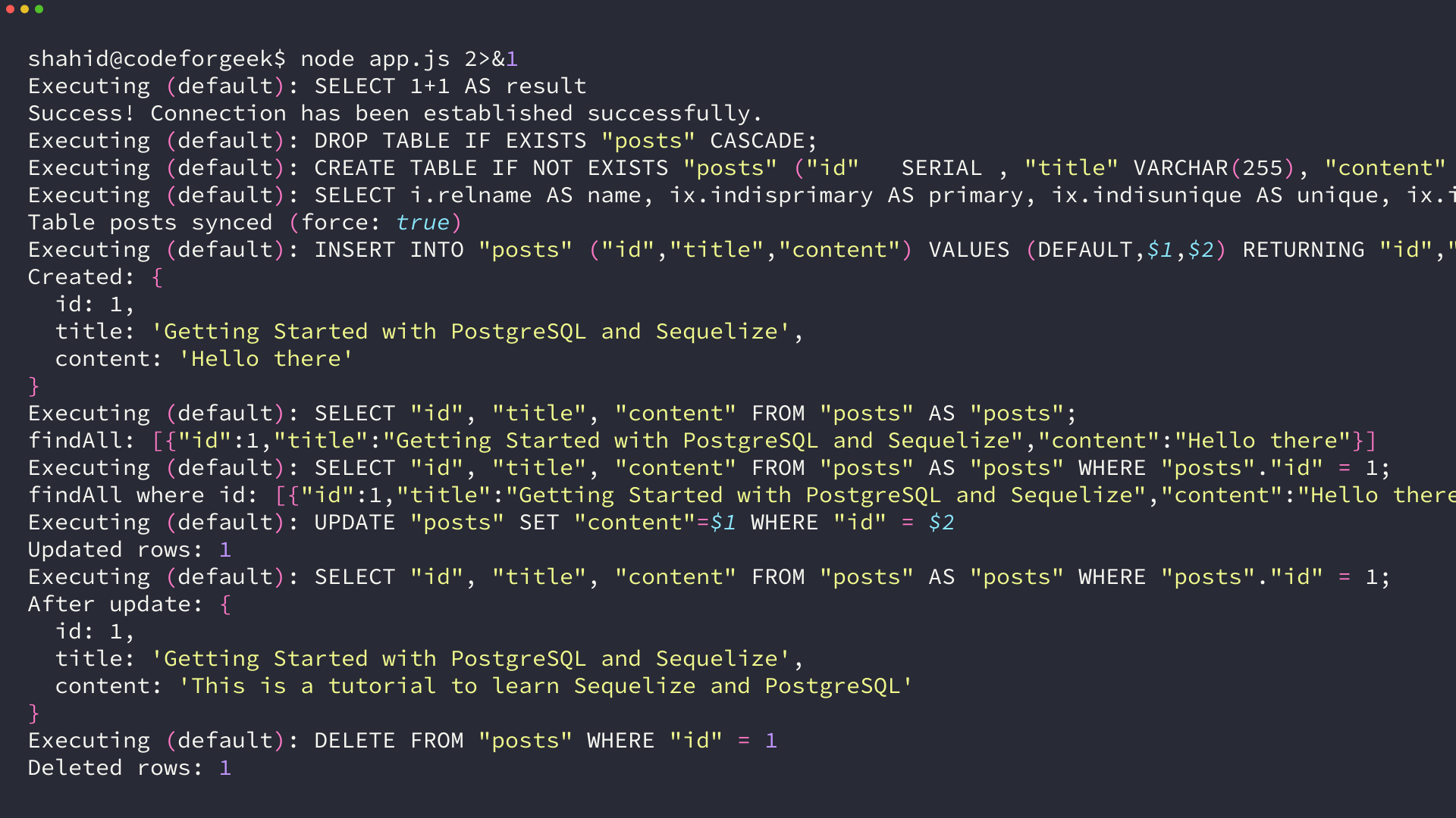 Terminal showing Sequelize query log with SELECT INSERT UPDATE DELETE