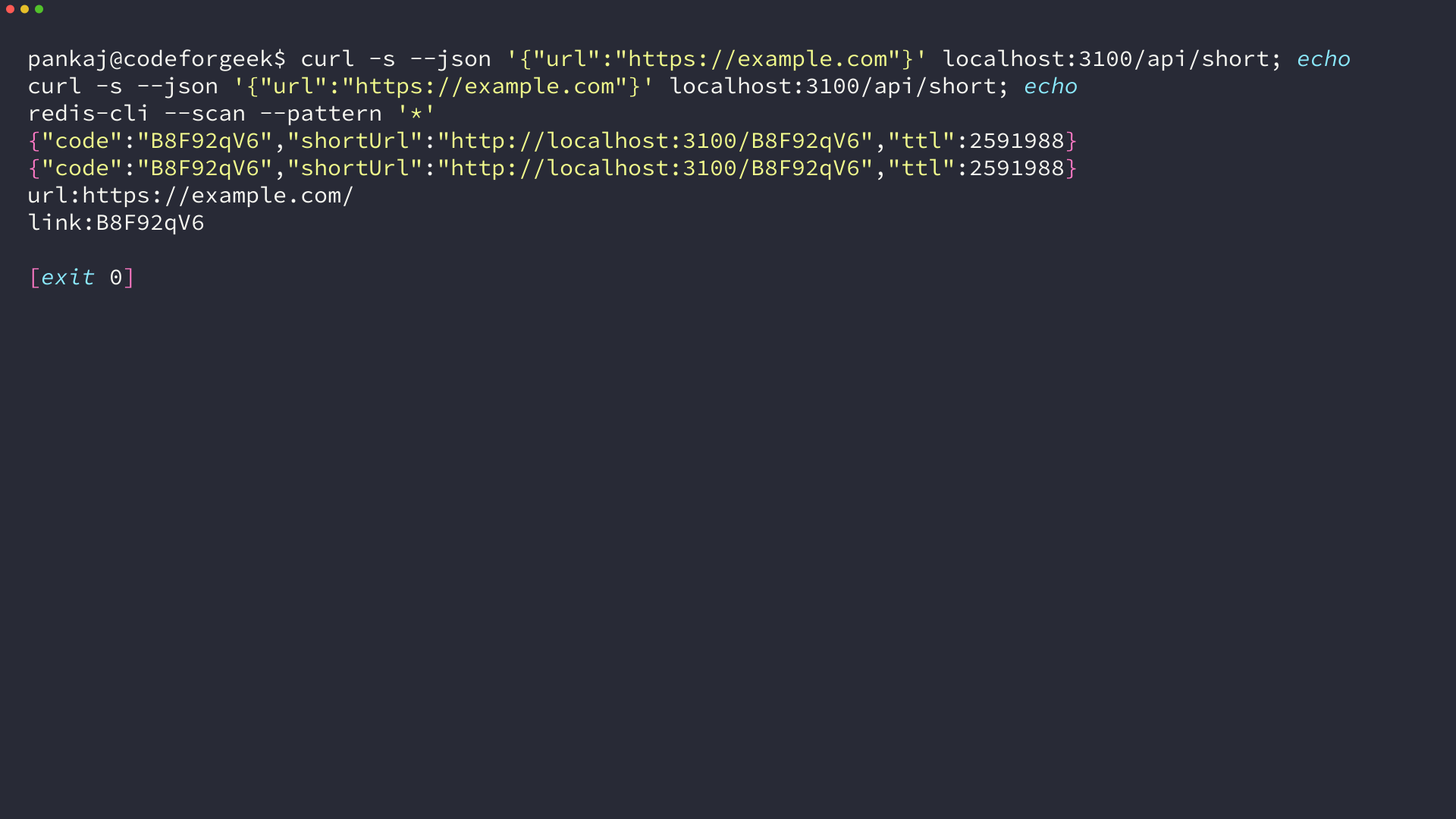 Terminal output showing two identical JSON responses for the same URL followed by a Redis key scan listing the code key and the reverse key