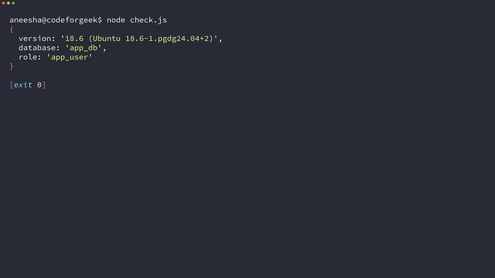 Node.js printing the PostgreSQL version, database name and role from a pooled connection