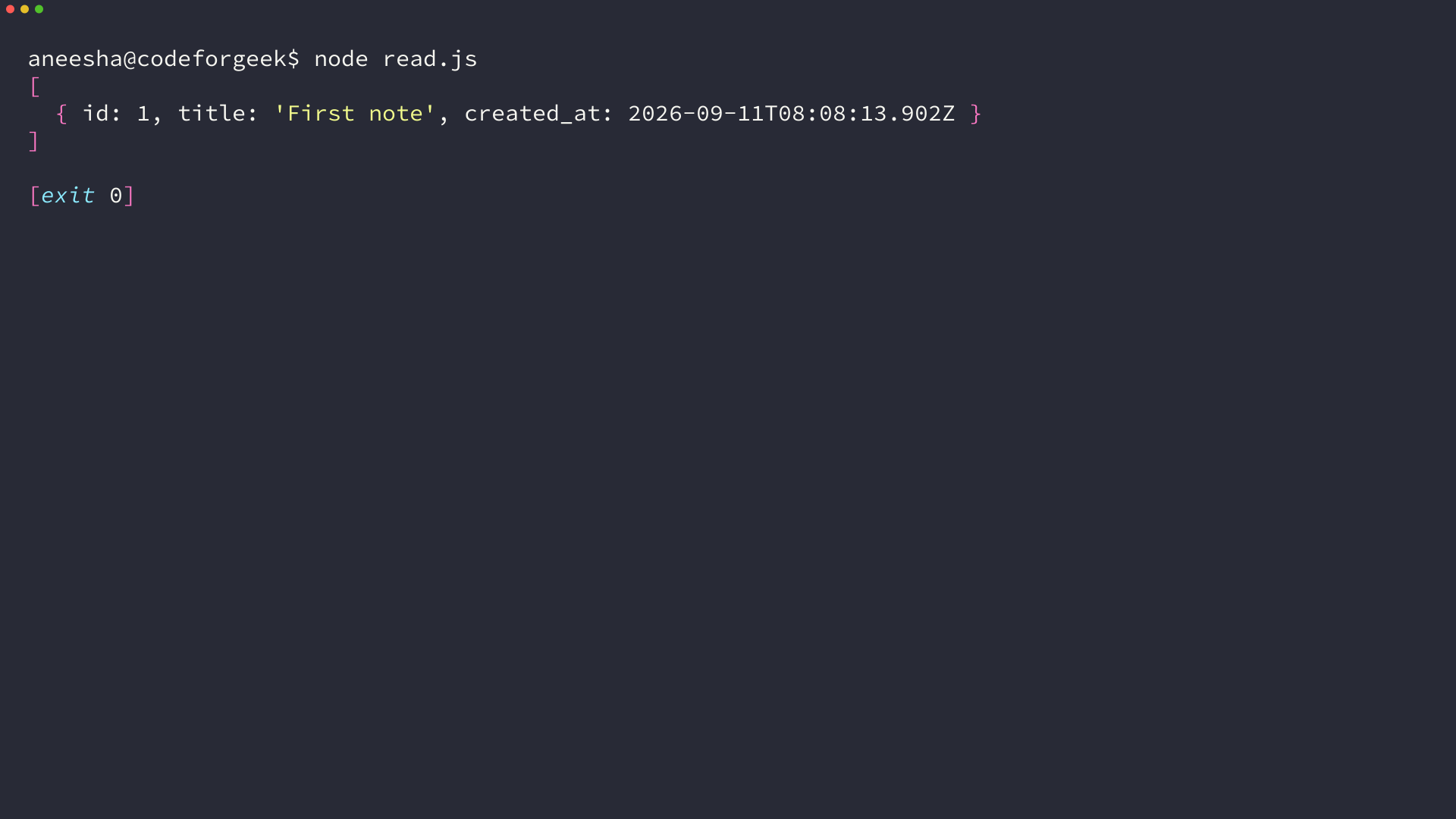 Node.js printing the rows read back from the notes table as an array of objects