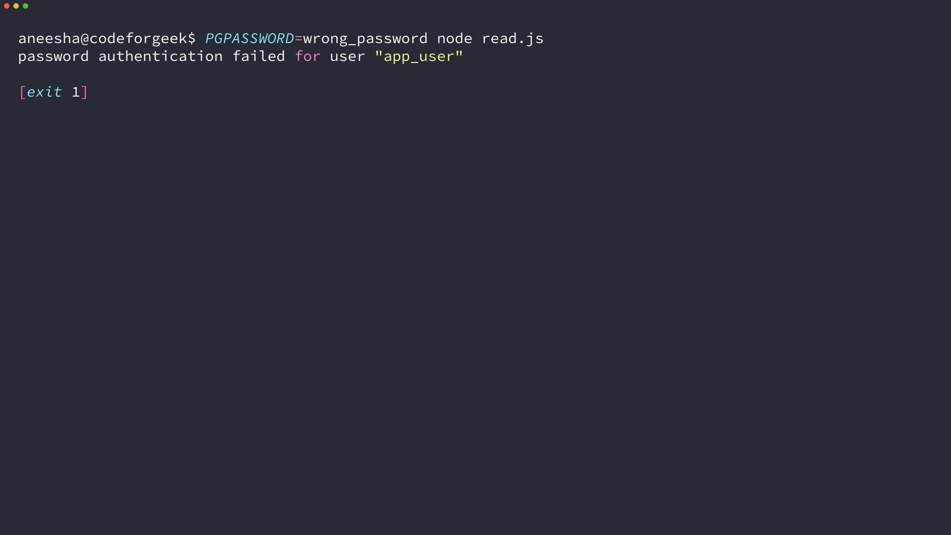 Node.js exiting with the error password authentication failed for user app_user