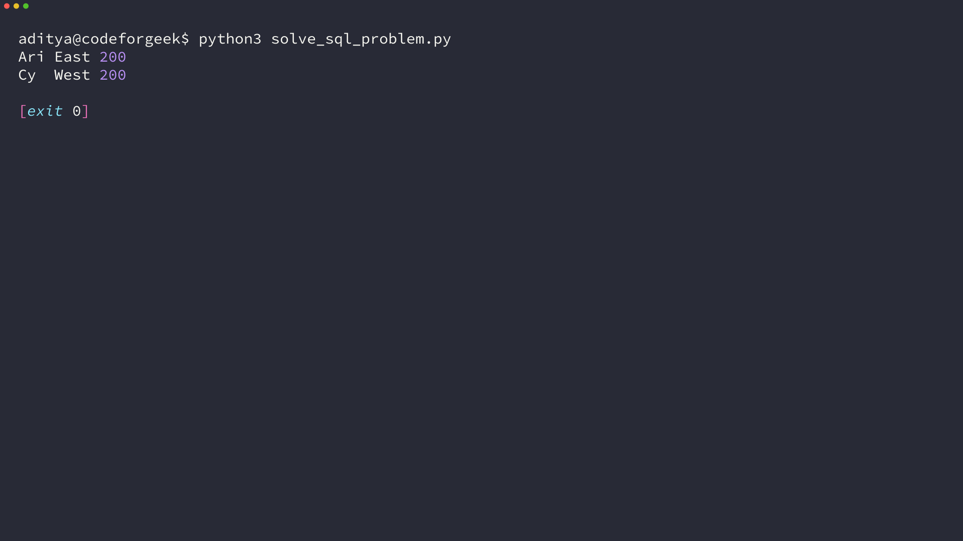 Terminal output from the SQL problem-solving example showing grouped paid-order totals