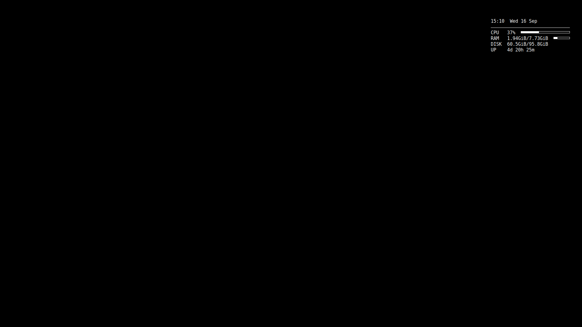 A Conky widget drawn on a 1920x1080 desktop showing the time, date, CPU, memory, disk and uptime lines