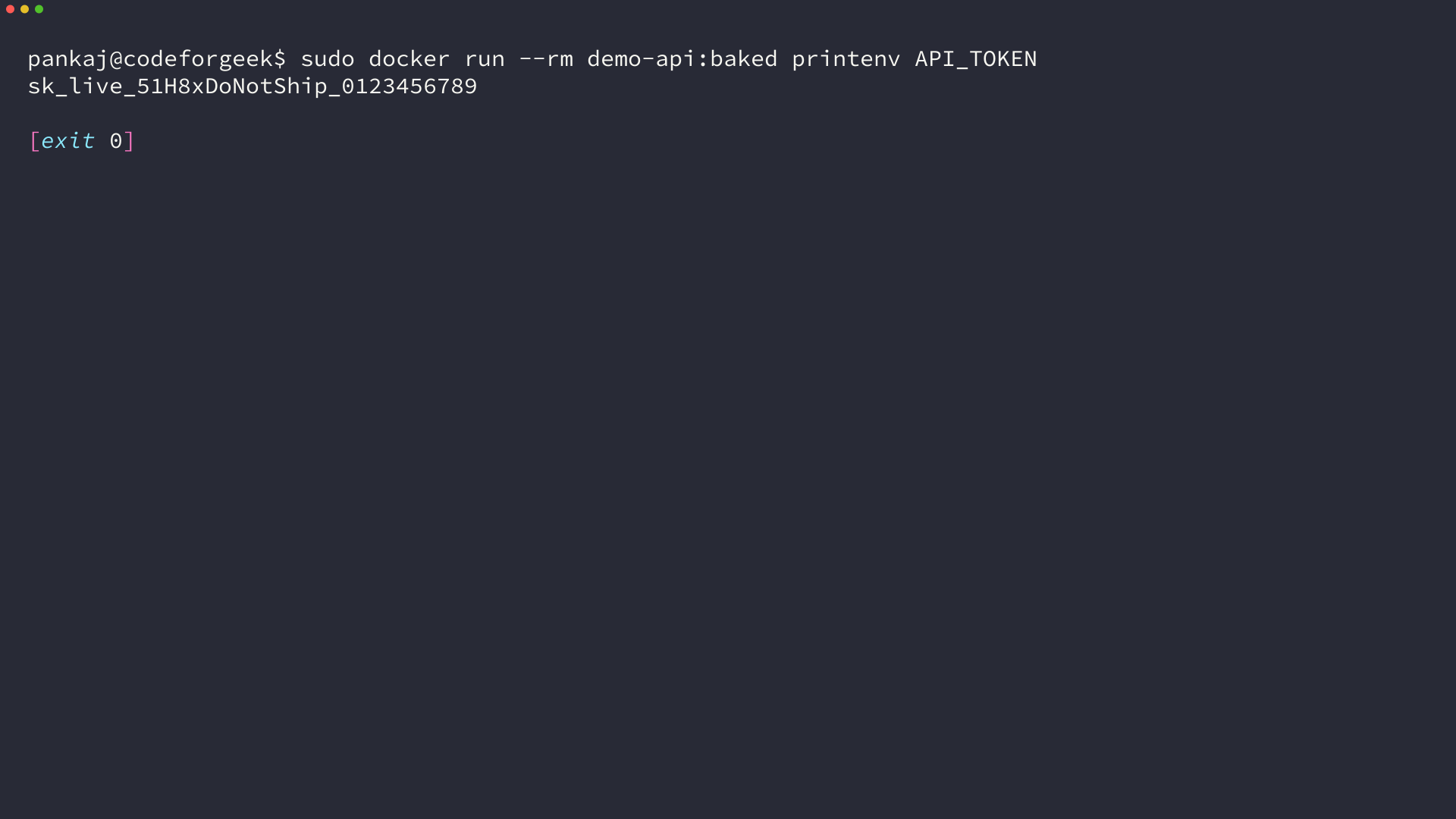 docker run printenv API_TOKEN printing the build-time token out of the demo-api:baked image