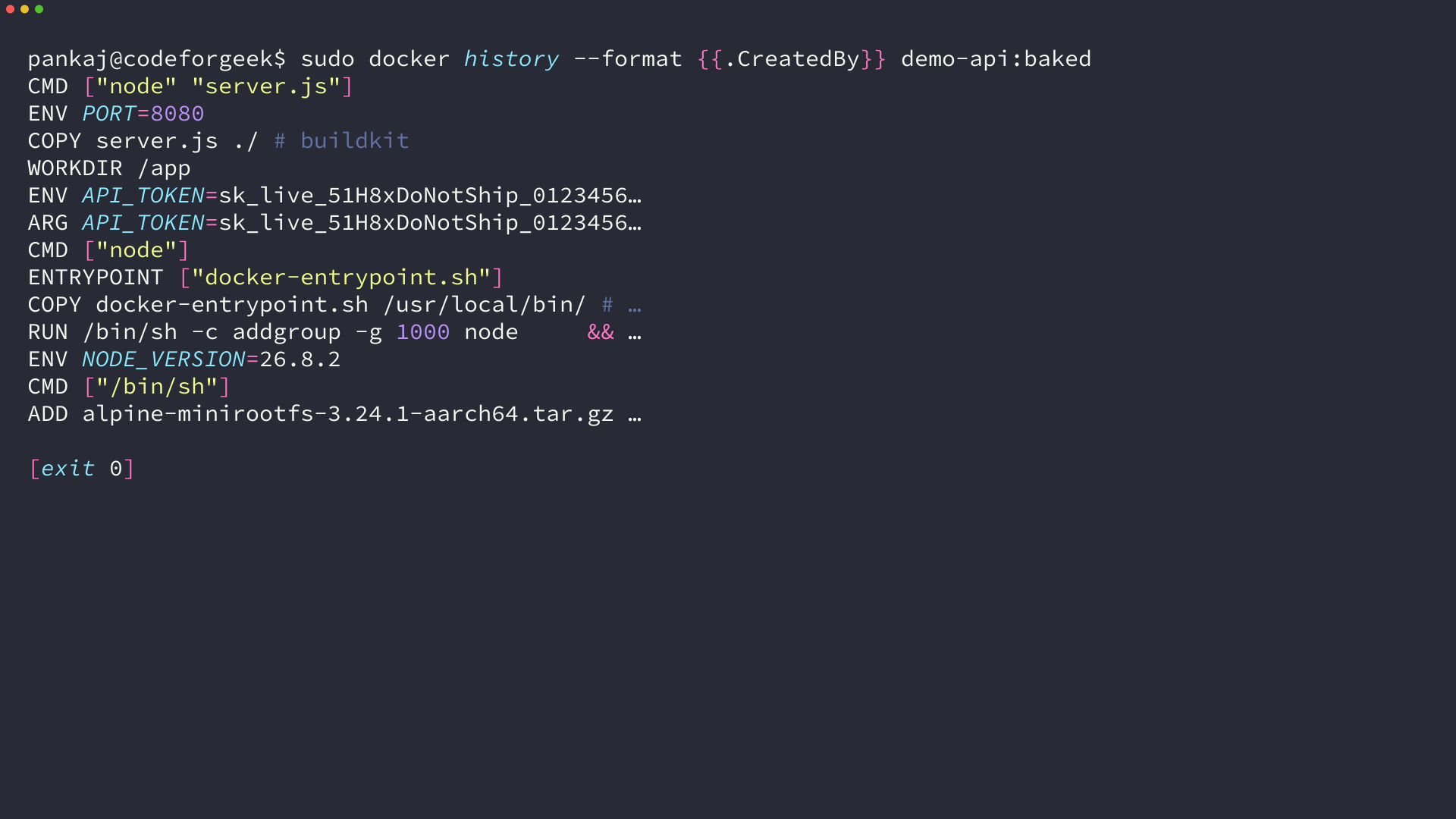 docker history output for the demo-api:baked image listing each build instruction, including the ENV line that carries the API token