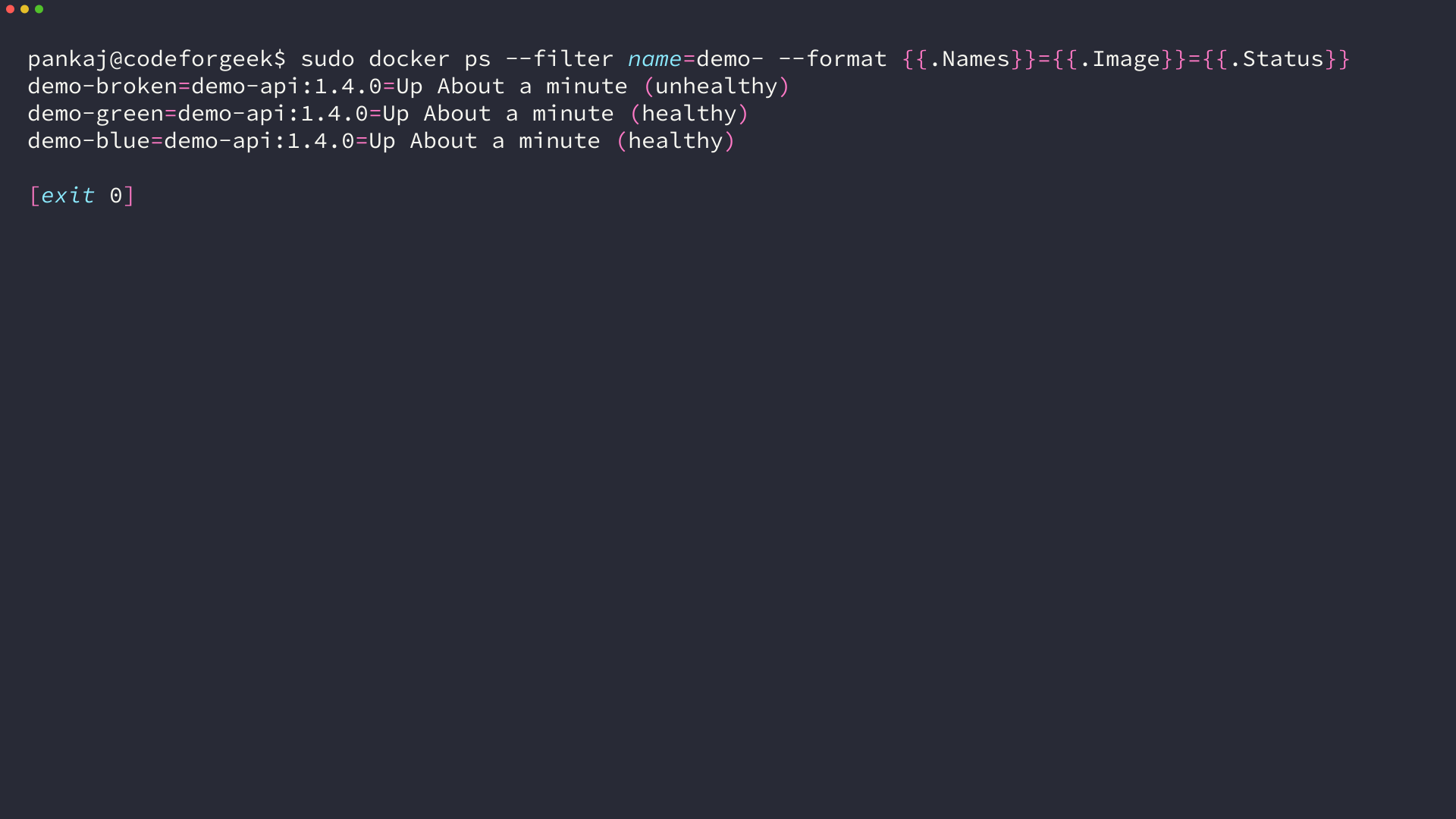 docker ps output showing three containers running the same demo-api:1.4.0 image, two healthy and one unhealthy