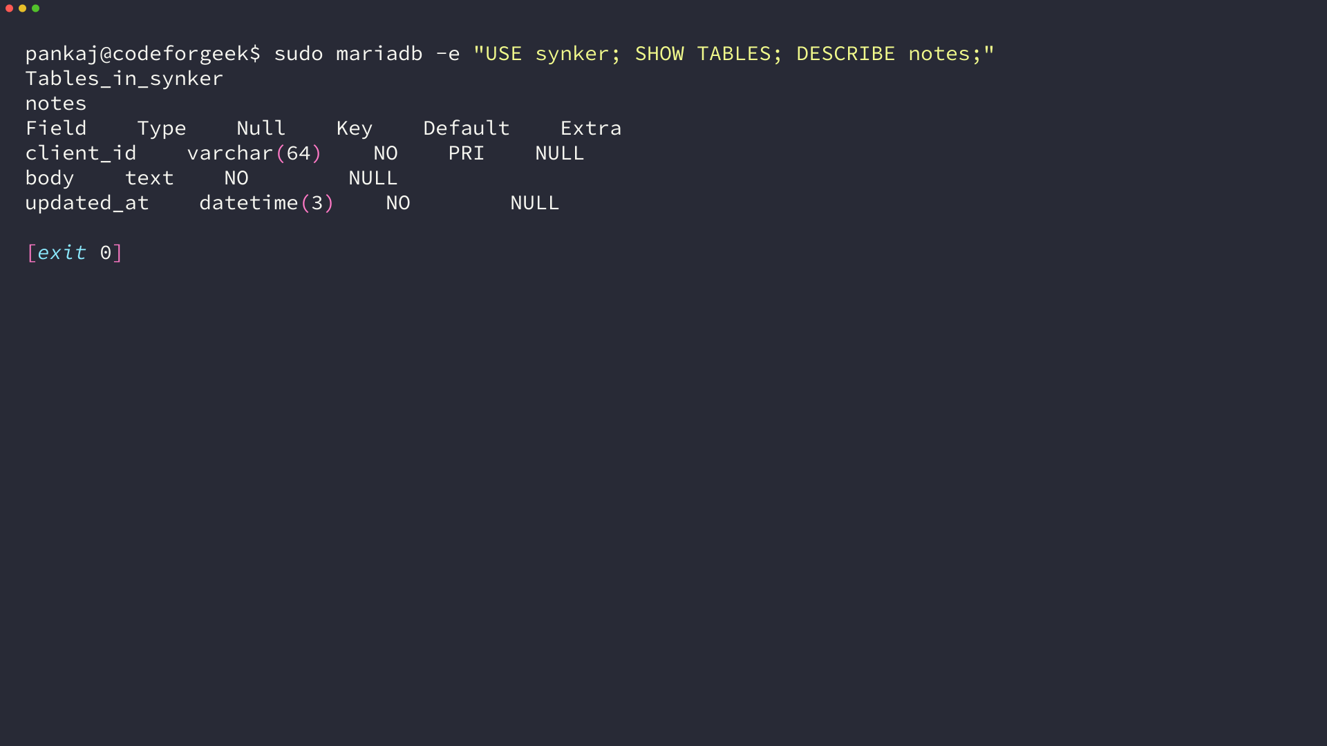 MariaDB reporting the synker table and the three columns of the notes table