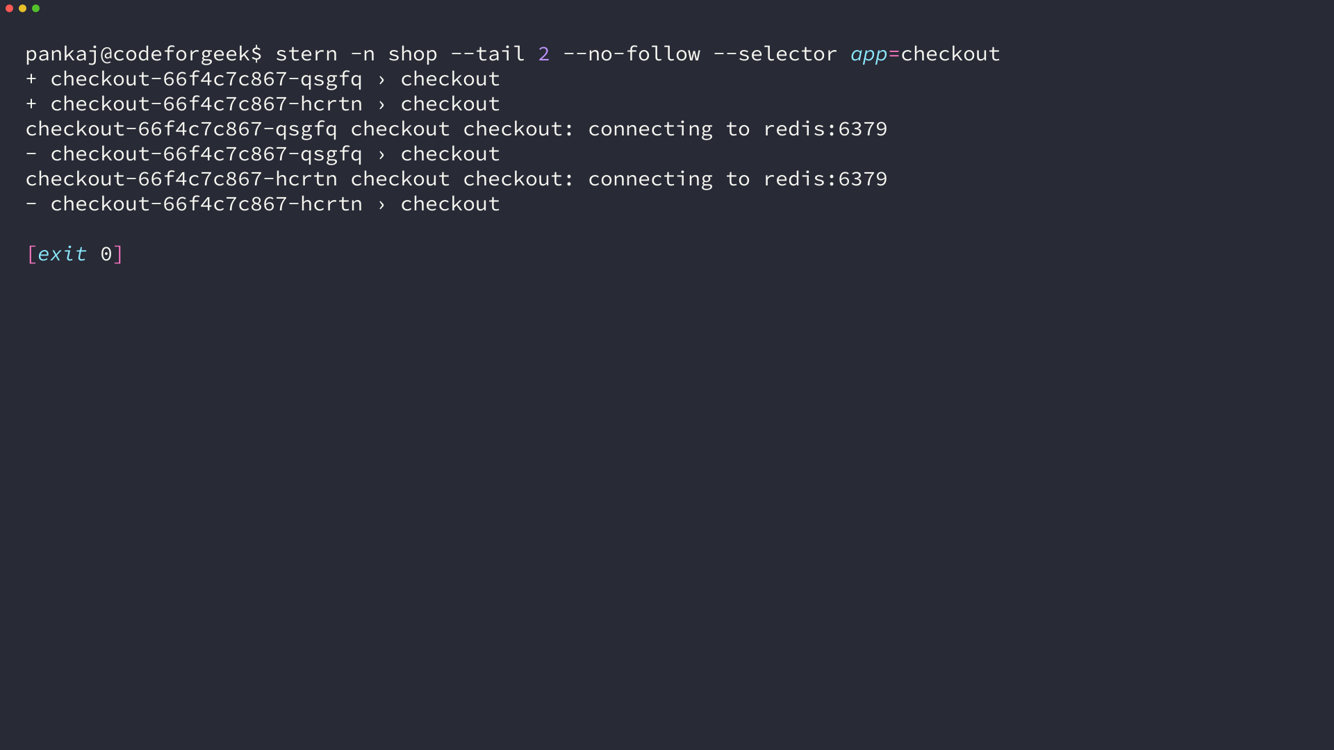 stern streaming logs from two restarting checkout pods in the shop namespace