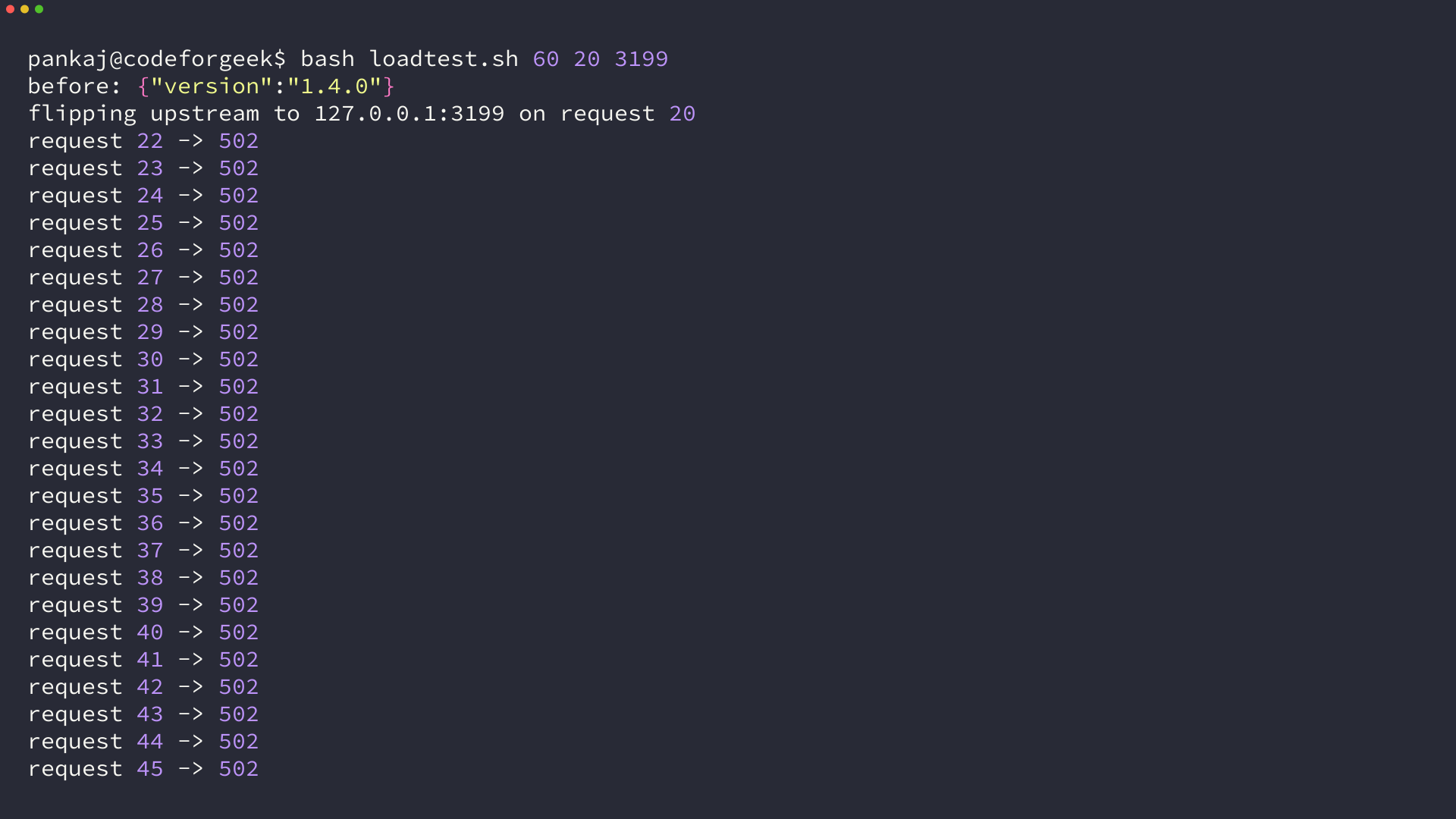 load test output where requests 22 to 60 return 502 after the proxy upstream was switched to a port with nothing listening