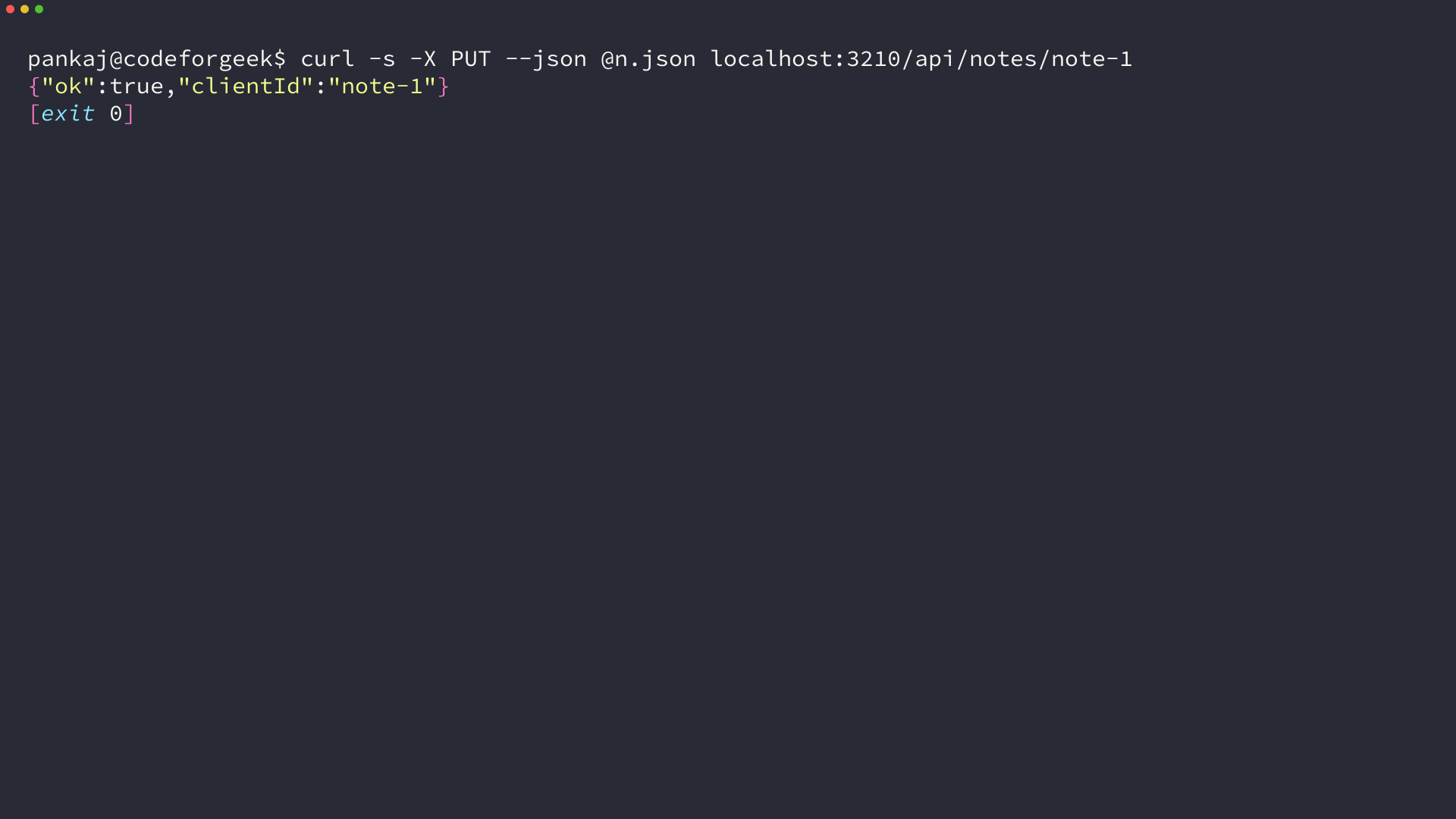 Terminal showing a PUT to the notes endpoint answering with ok true for client note-1
